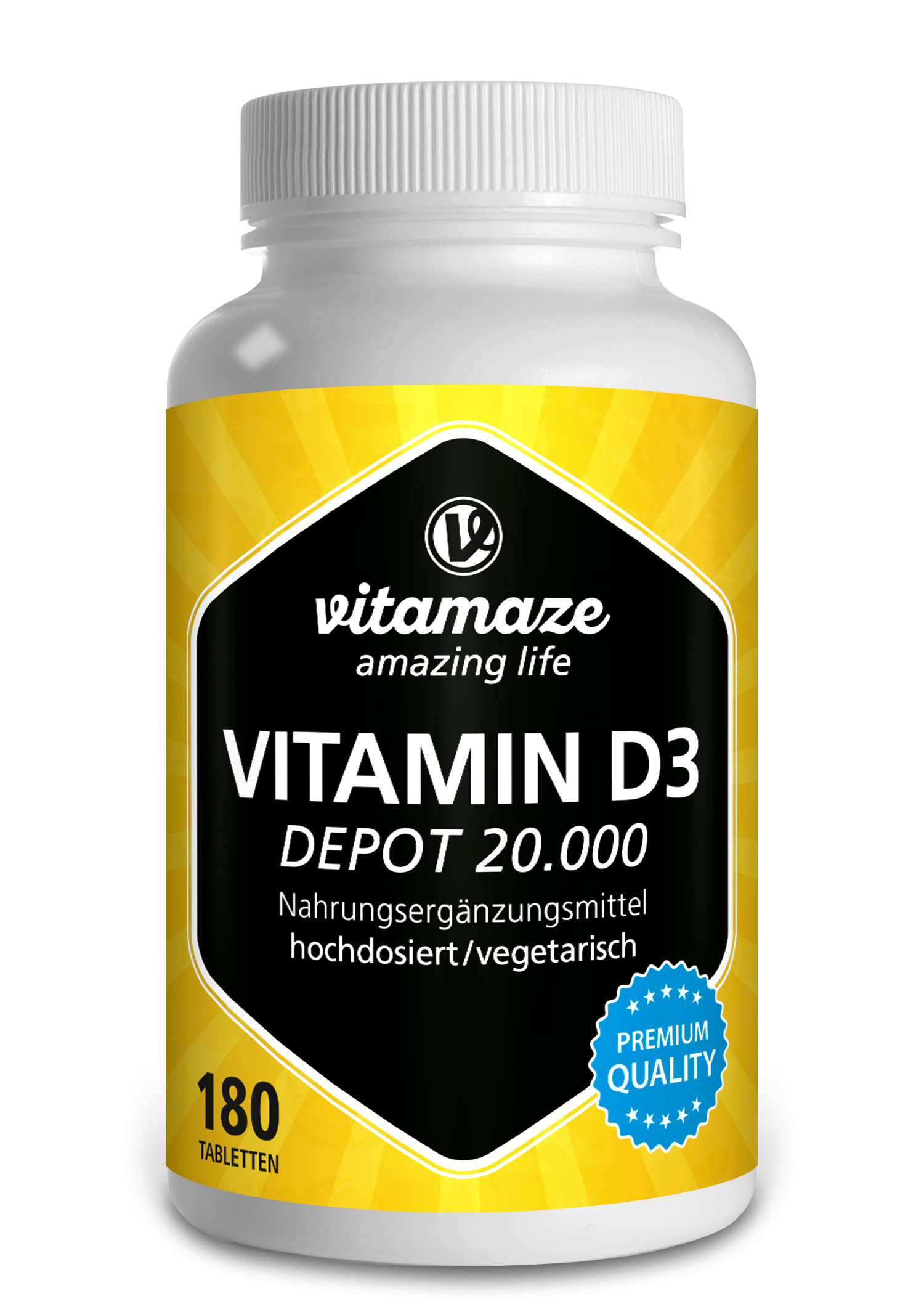 Flasche mit Vitaminen D3 Depot 20.000, 180 Tabletten, von Vitamaze.