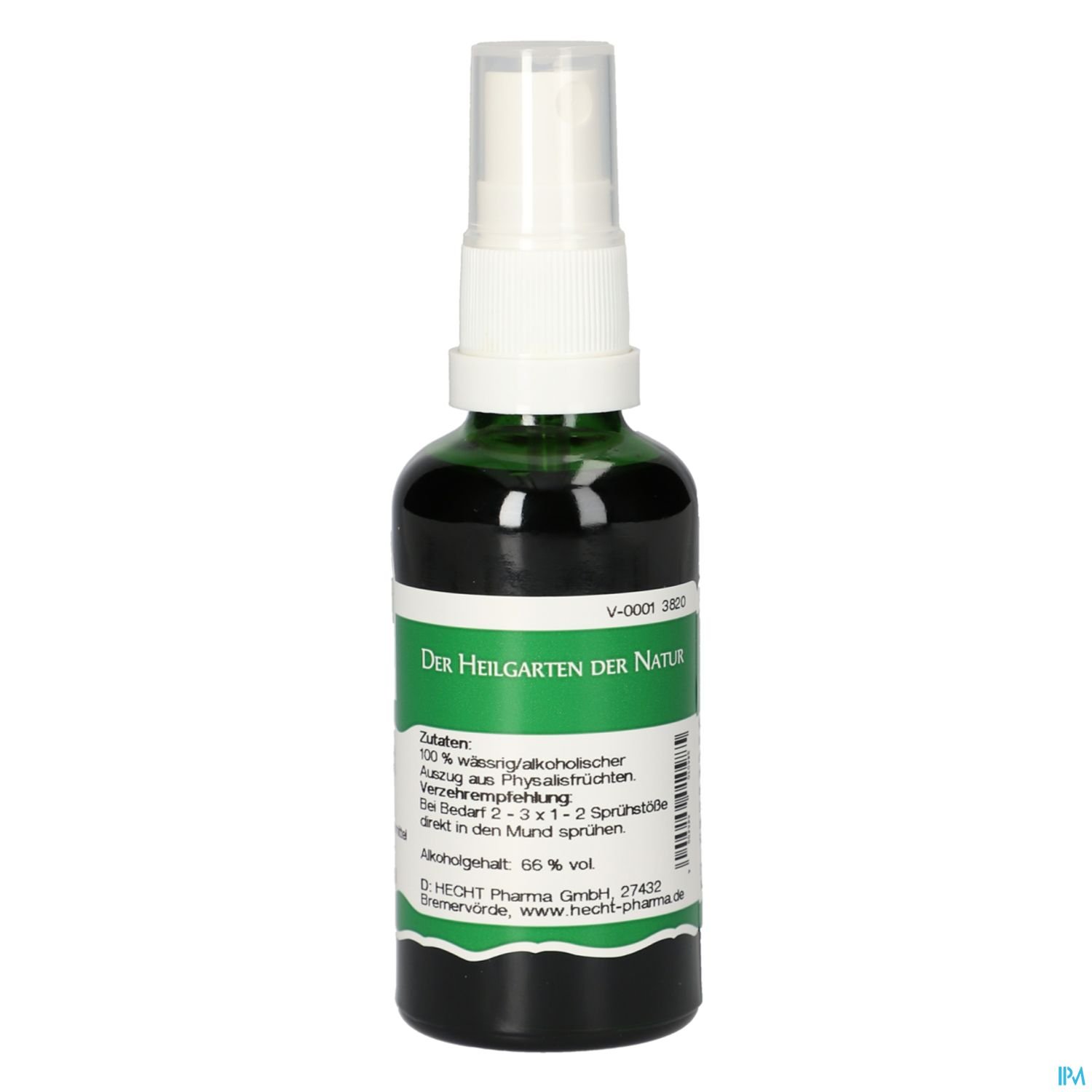 Schwarze Sprühflasche mit grünem Etikett, beschriftet mit "Der Heilgarten der Natur" und Inhaltsstoffen.