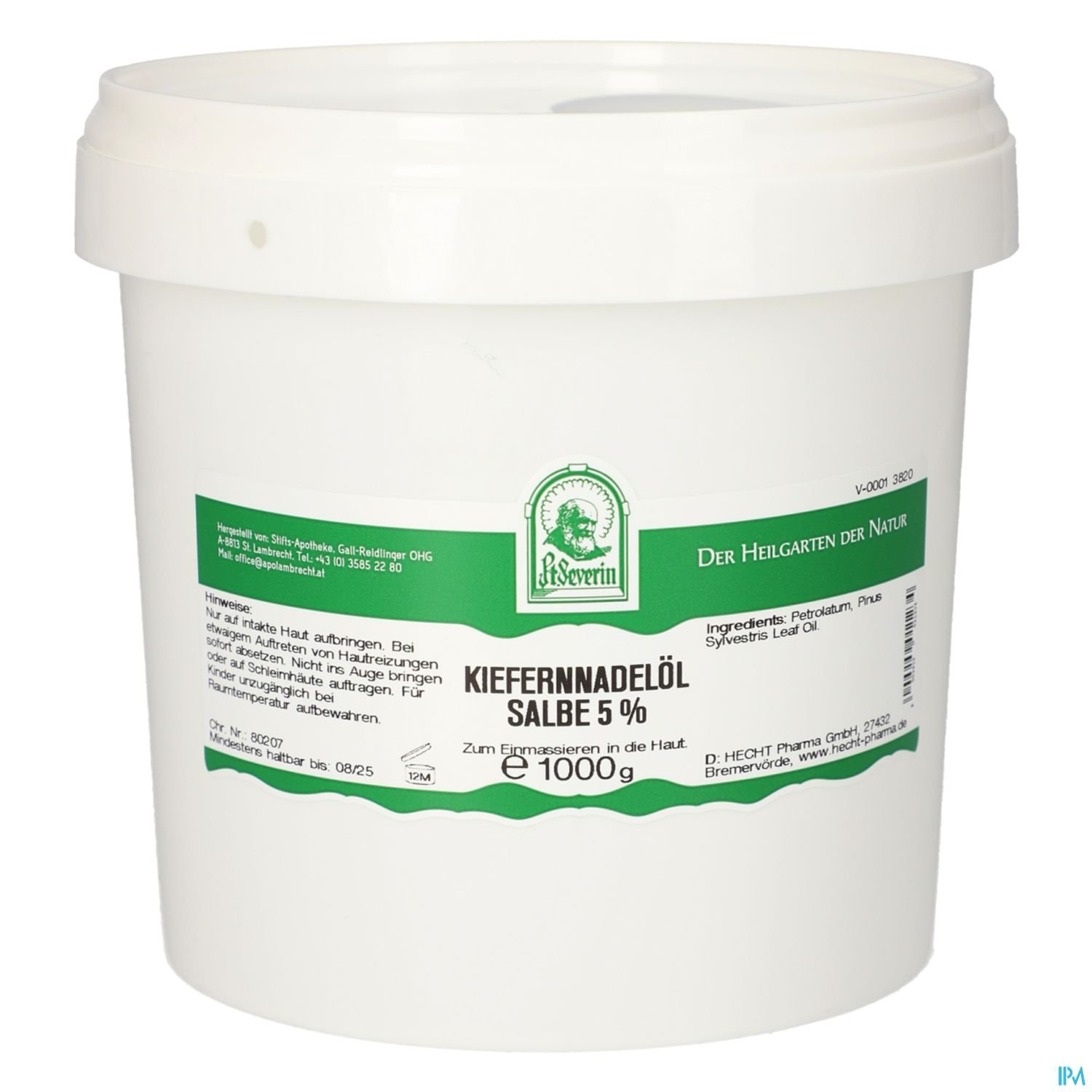 Weißer Behälter mit grünem Etikett, beschriftet mit "KIEFERNNADÖL SALBE 5 %" und Angaben zu Inhaltsstoffen und Verwendung.