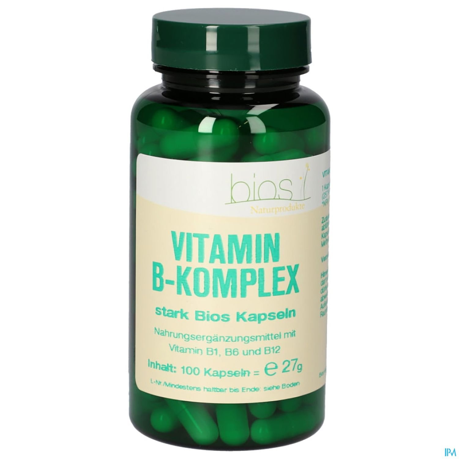 Grüner Behälter mit Vitamin B-Komplex Kapseln, Inhalt: 100 Stück.
