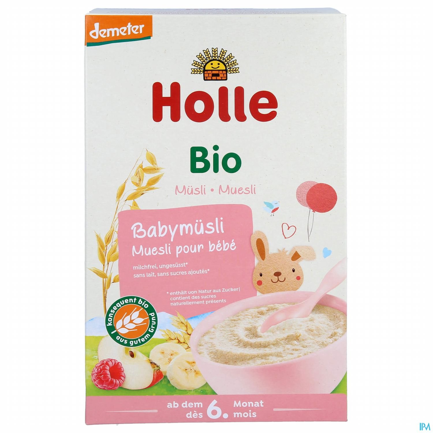 Verpackung von Holle Bio Babymüsli mit einer pinken Schüssel und einem Löffel, einem Hasen-Motiv und der Aufschrift "ab dem 6. Monat".