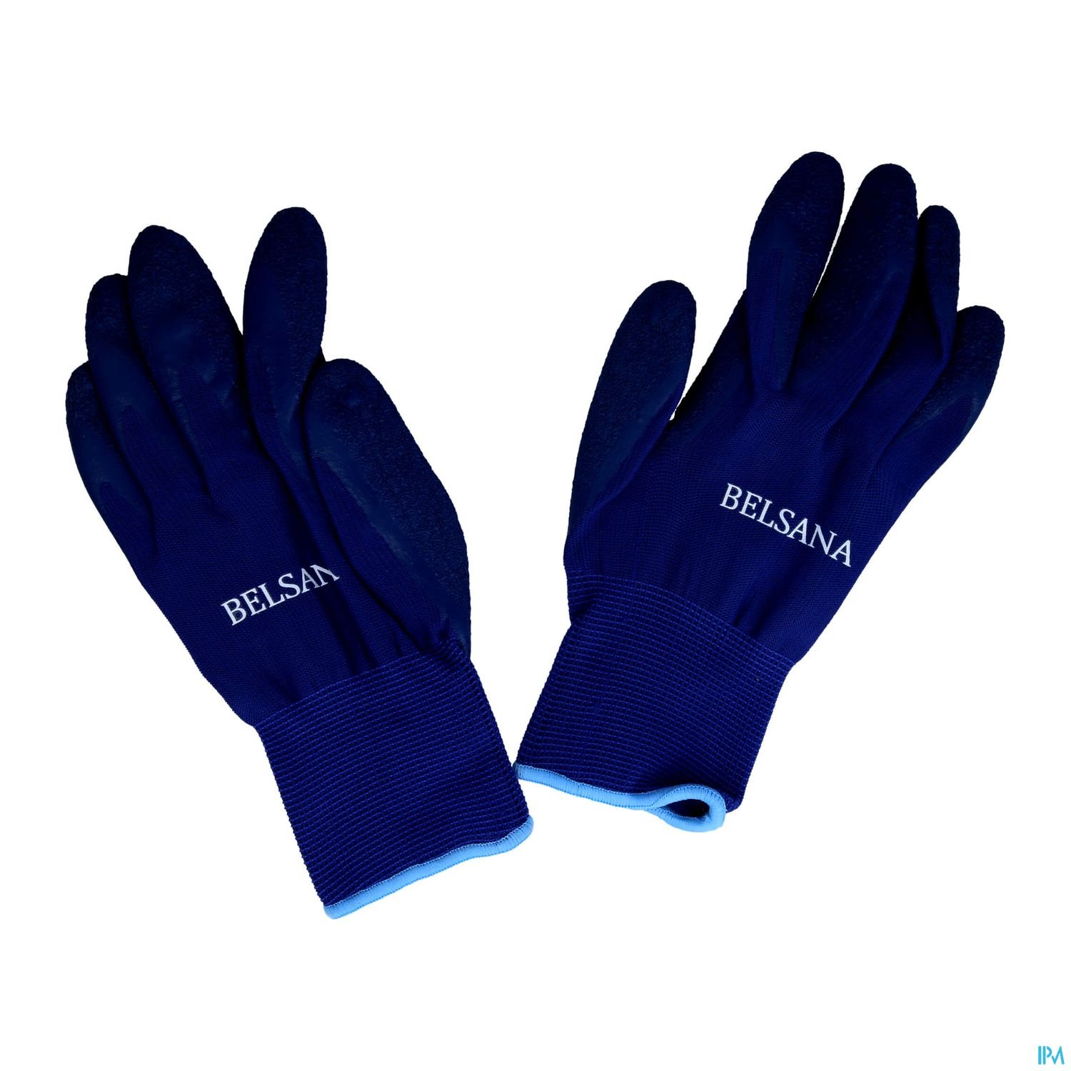 Dunkelblaue Handschuhe mit blauen Bündchen und der Aufschrift "BELSANA".
