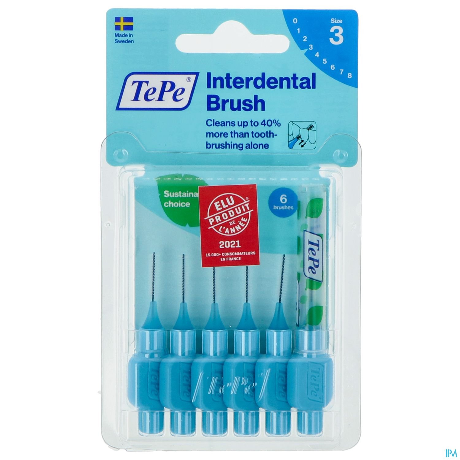 Packung mit sechs interdentalen Bürsten der Marke TePe, Größe 3, in blau.