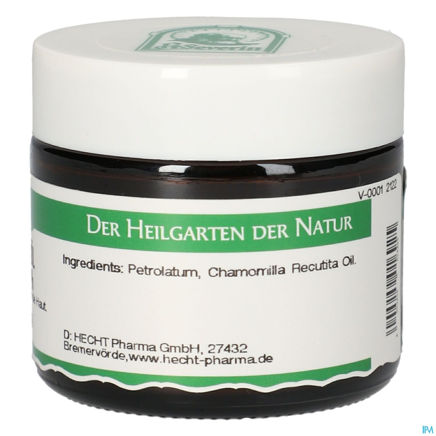 Brauner Glasbehälter mit weißem Deckel und grünem Etikett, beschriftet mit "Der Heilgarten der Natur" und Inhaltsstoffen wie Petrolatum und Kamillenöl.