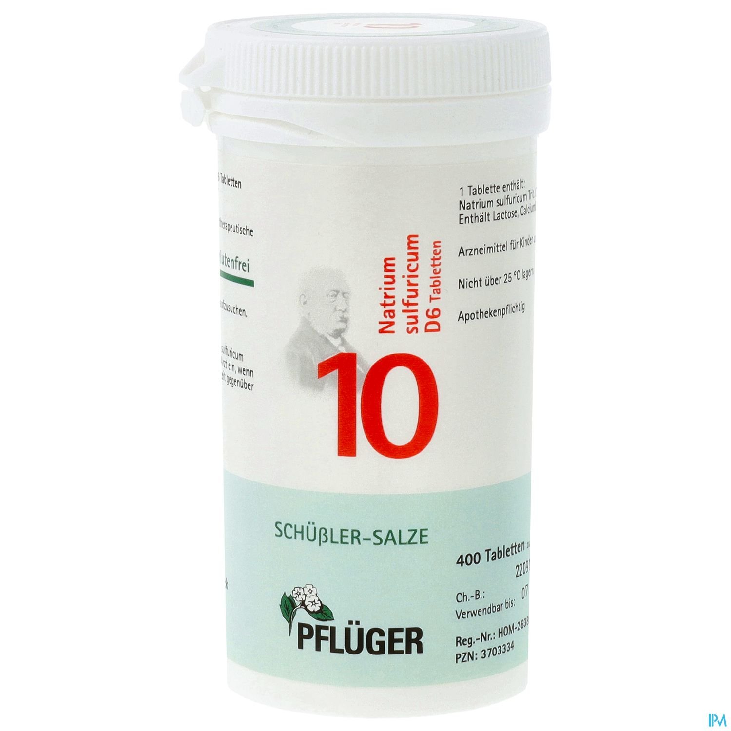 Weißes Röhrchen mit 400 Natrium sulfuri D6 Tabletten, gekennzeichnet mit der Nummer 10 und dem Schriftzug "Pflüger" sowie Hinweisen zur Anwendung und Lagerung.