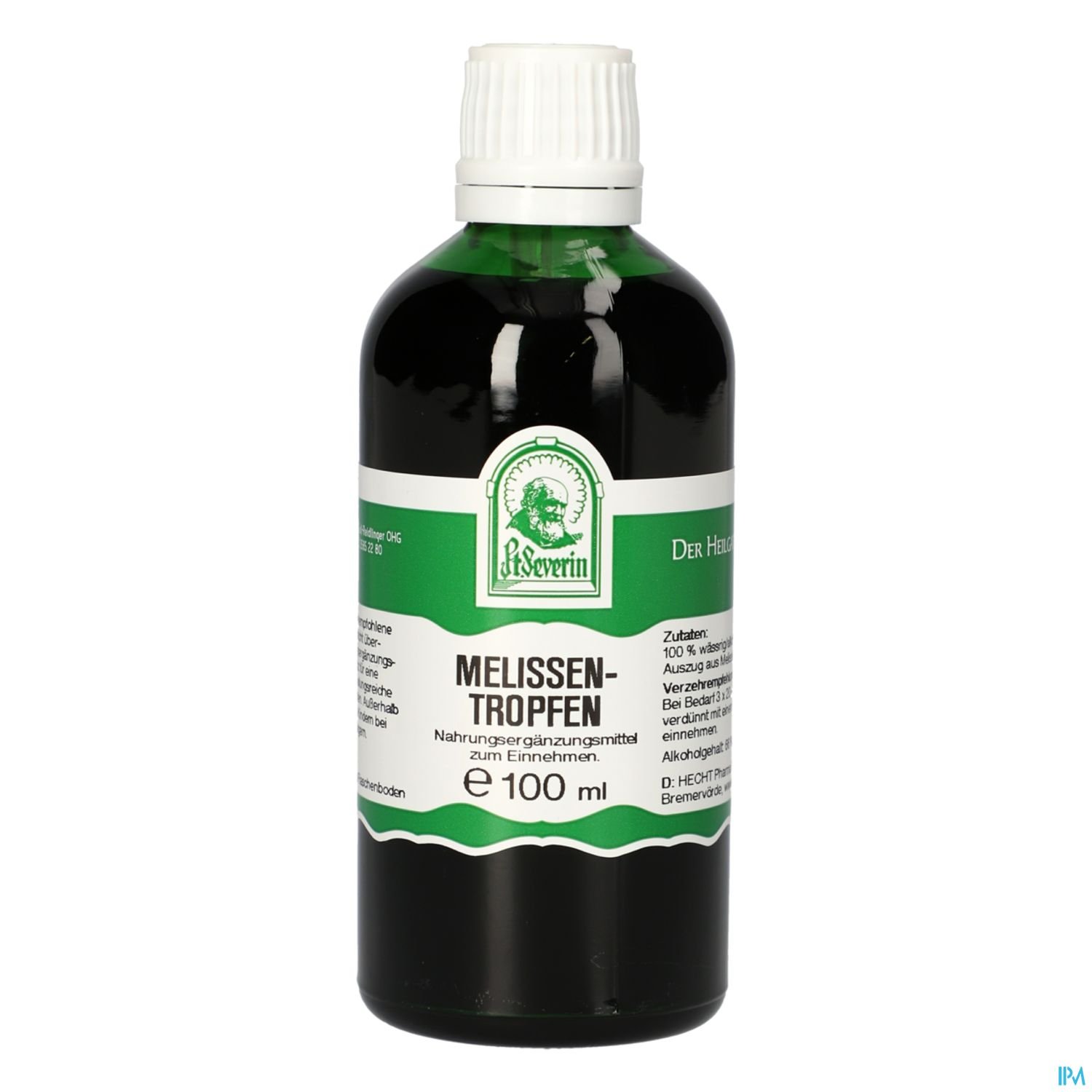 Braune Flasche mit grünem Etikett, beschriftet mit "Melissentropfen", 100 ml, Nahrungsergänzungsmittel zum Einnehmen.