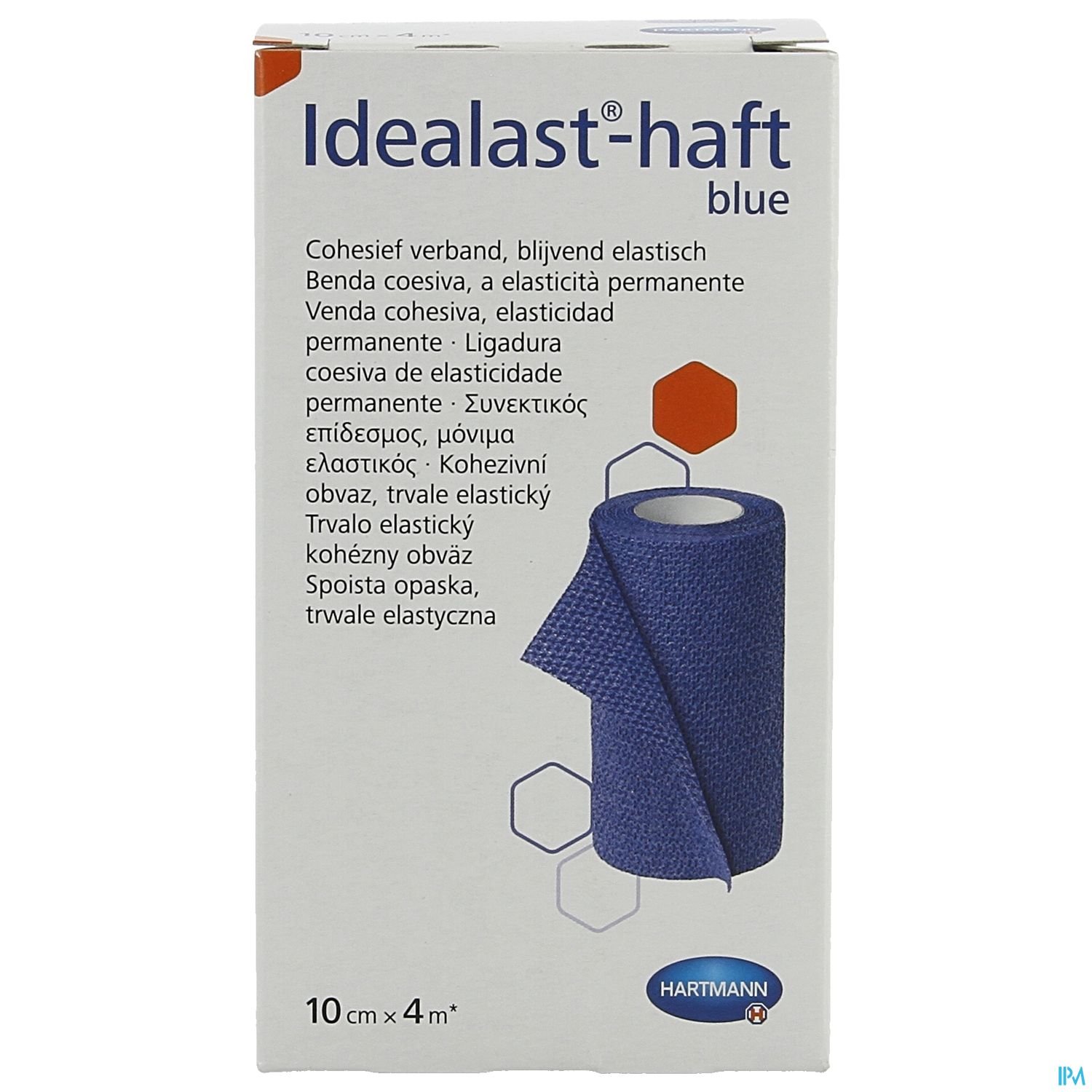 Verpackung von Idealast-haft in Blau, mit einer Haftpflasterbinde und Informationen zu Größe und Hersteller.
