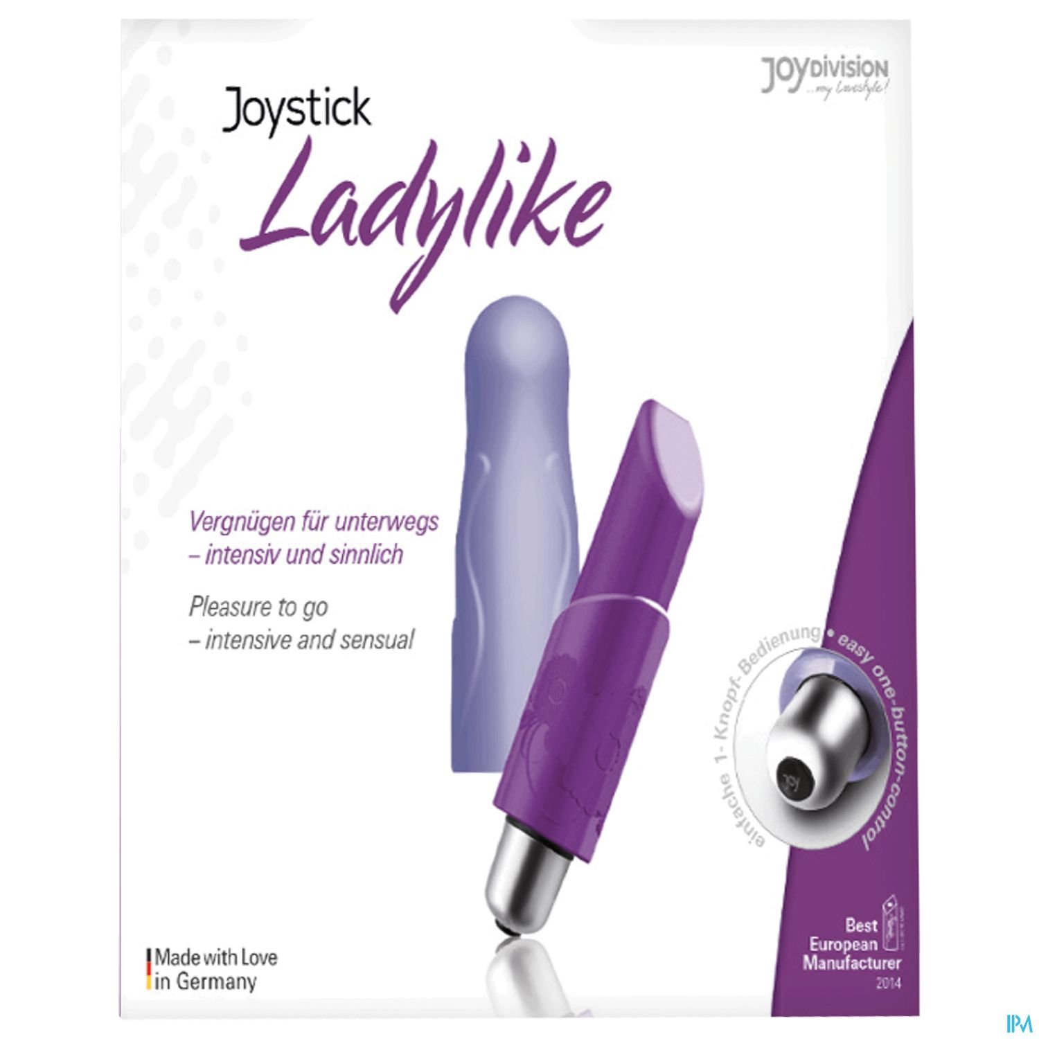 Verpackung eines Vibrators namens "Joystick Ladylike" in lila Farben mit dem Hinweis auf die gesamte Nutzung unterweg.