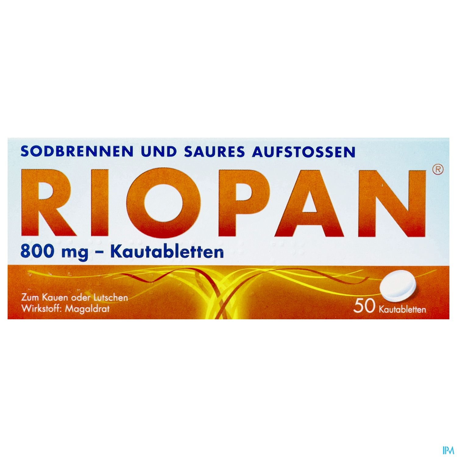 Verpackung von Riopan 800 mg Kautabletten zur Behandlung von Sodbrennen und saurem Aufstoßen.