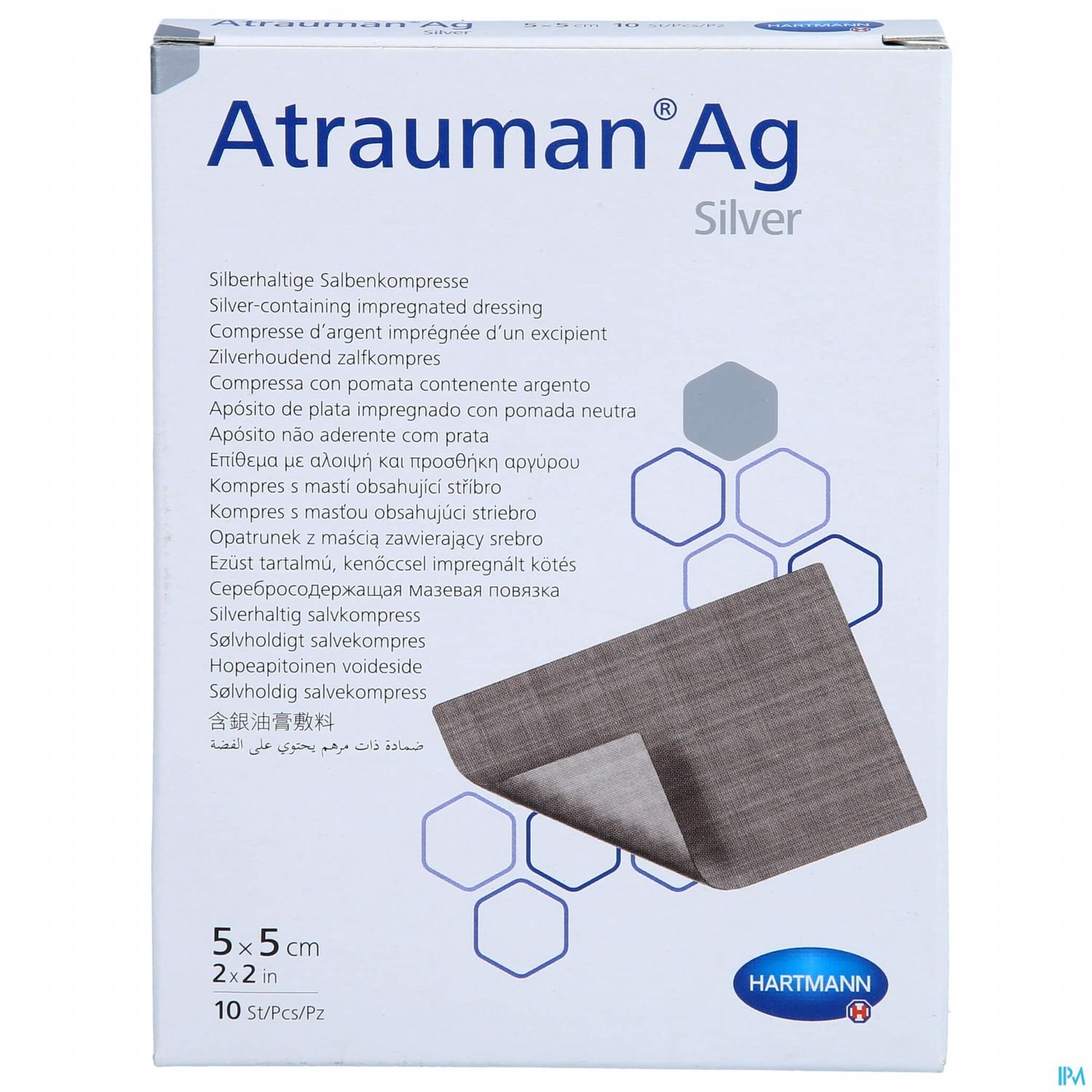 Verpackung von Atrauman Ag, einer silberhaltigen Salbenkompresse, mit Produktinformation in deutscher und englischer Sprache.