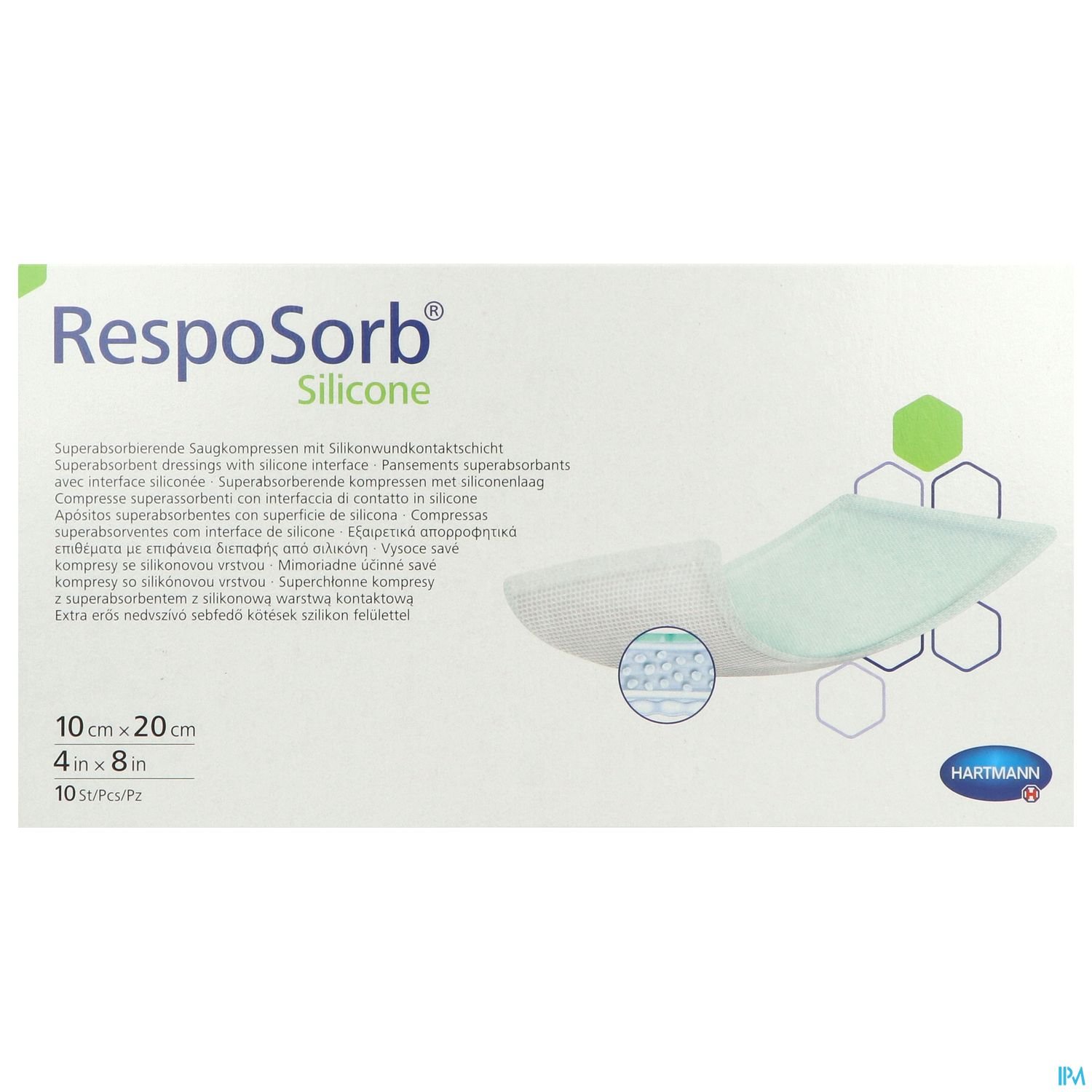 Verpackung der RespoSorb® Silicone Kompressen, 10 Stück, 10 cm x 20 cm, 4 in x 8 in, mit Produktdetails und Markenlogo.