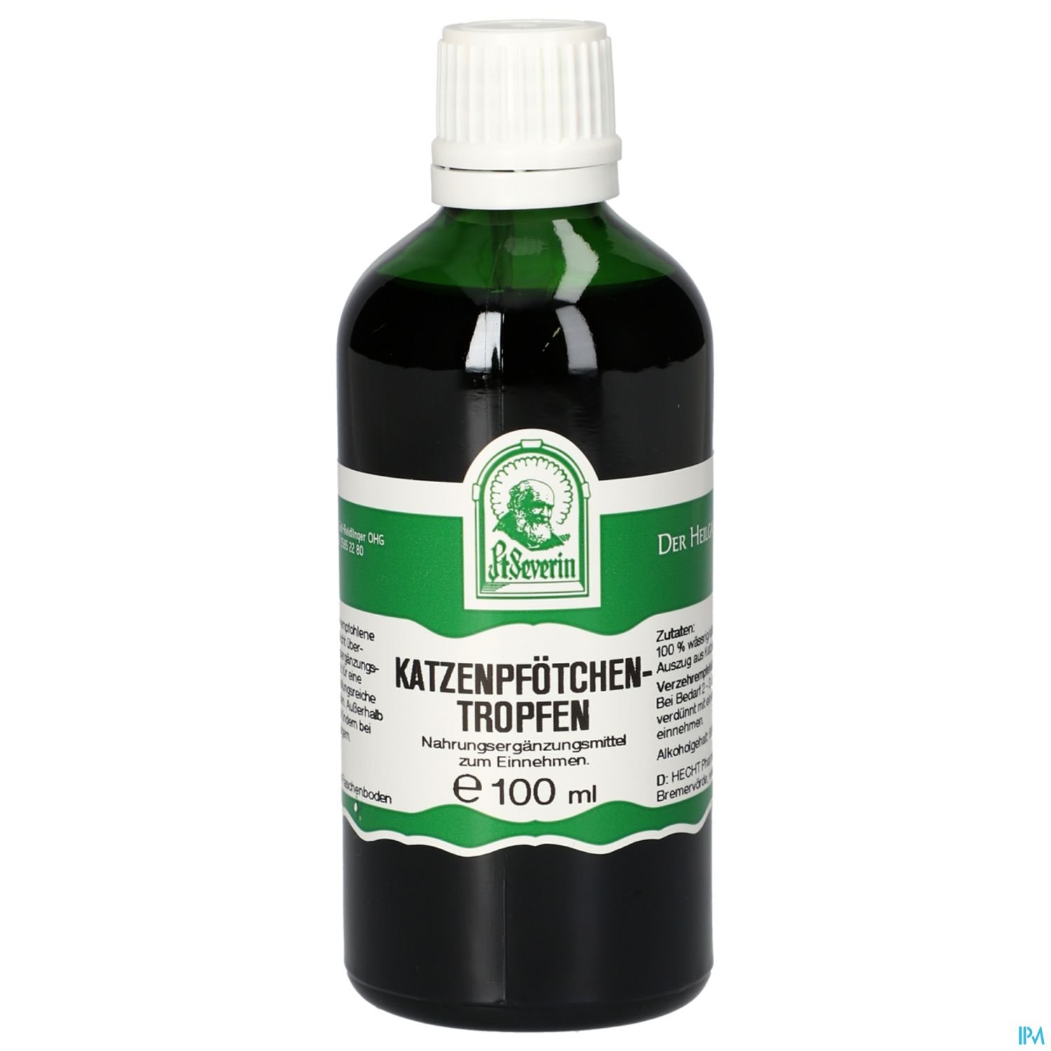Grüne Flasche mit Schraubverschluss, beschriftet mit „Katzenpfötchen-Tropfen“, 100 ml, Nahrungsergänzungsmittel.