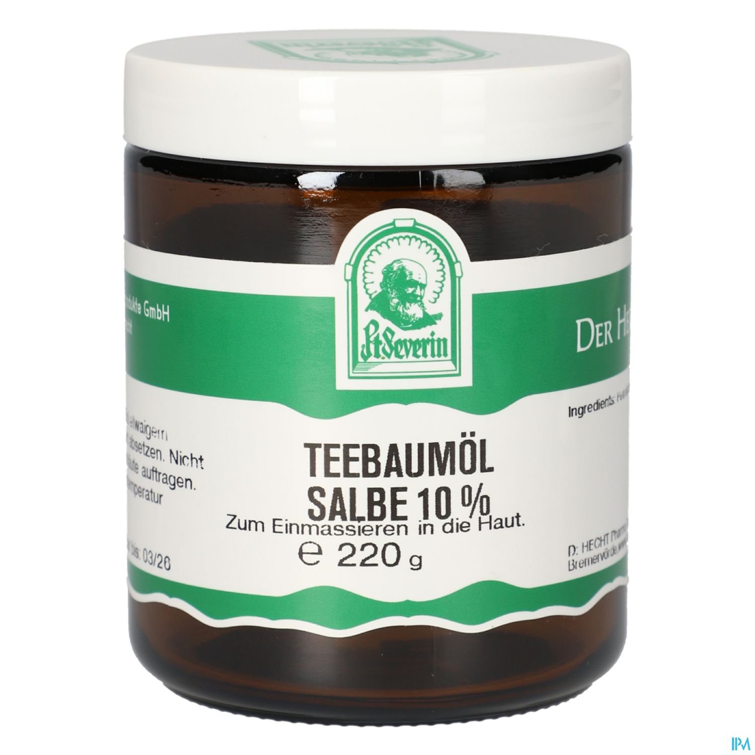 Braune Glasdose mit grünem Etikett, die "Teebaumöl Salbe 10%" enthält, 220 g.