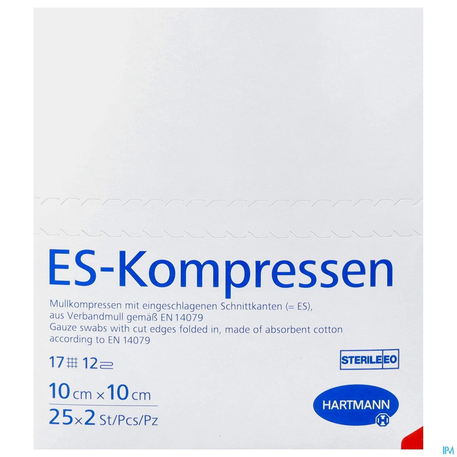 Verpackung von ES-Kompressen, sterile Mullkompressen aus Baumwolle, 10 cm x 10 cm, 25 Stück.