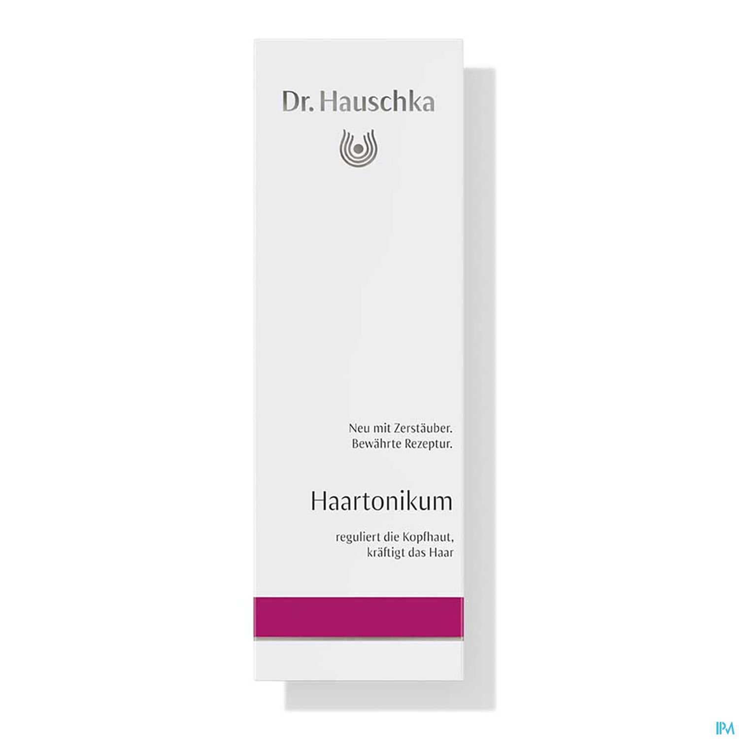 Produktverpackung von Dr. Hauschka Haartonikum, die den Schriftzug „Neu mit Zerstäuber. Bewährte Rezeptur. Haartonikum reguliert die Kopfhaut, kräftigt das Haar“ zeigt.