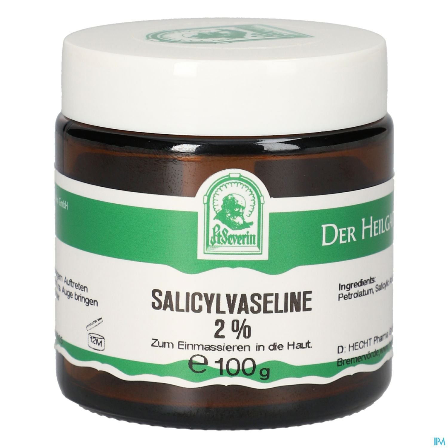 Braun-gläsernes Gefäß mit weißem Deckel und grünem Etikett, auf dem "SALICYLVASELINE 2 %" steht, Inhalt 100 g.
