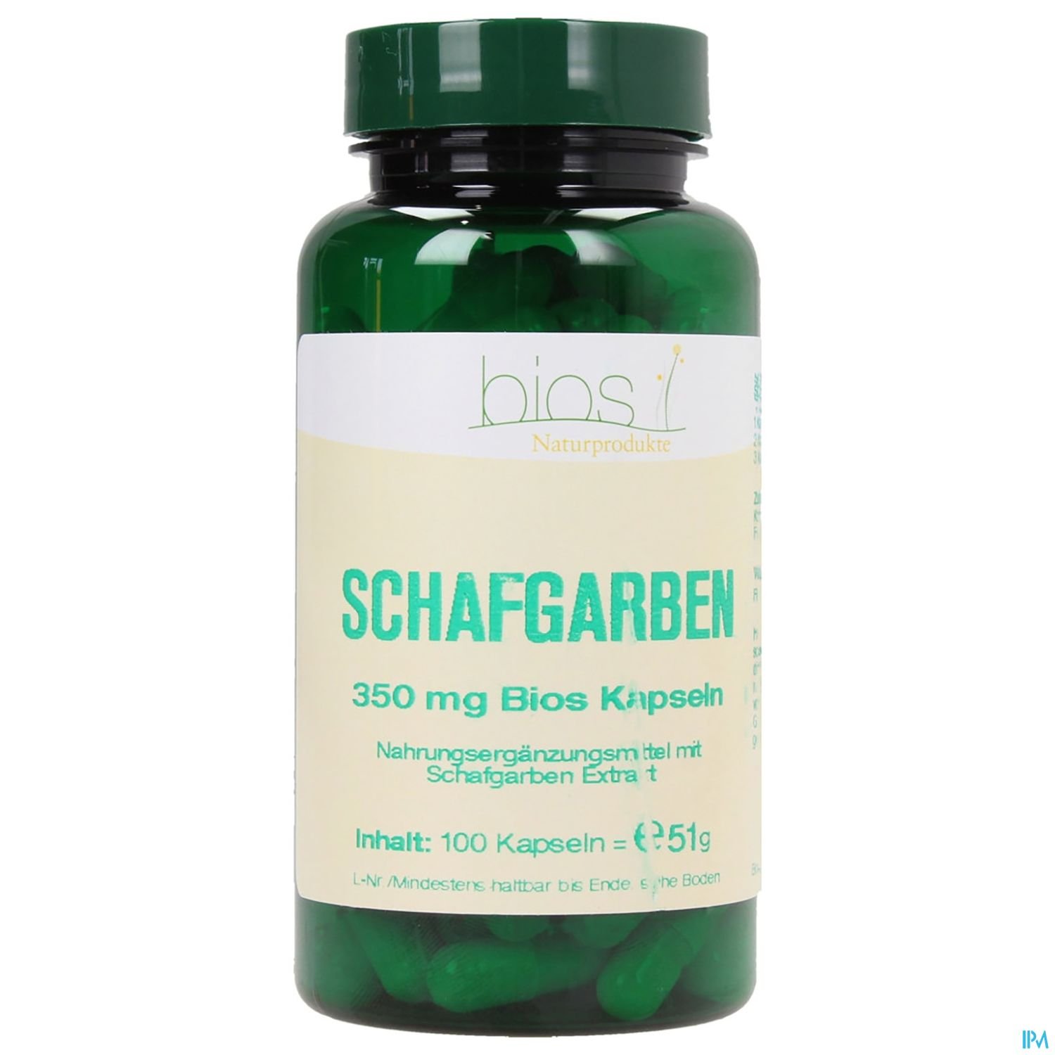 Grüne Kapseln in einem transparenten Behälter mit der Aufschrift "Schafgarben" und Angaben zu Inhalt und Dosierung.