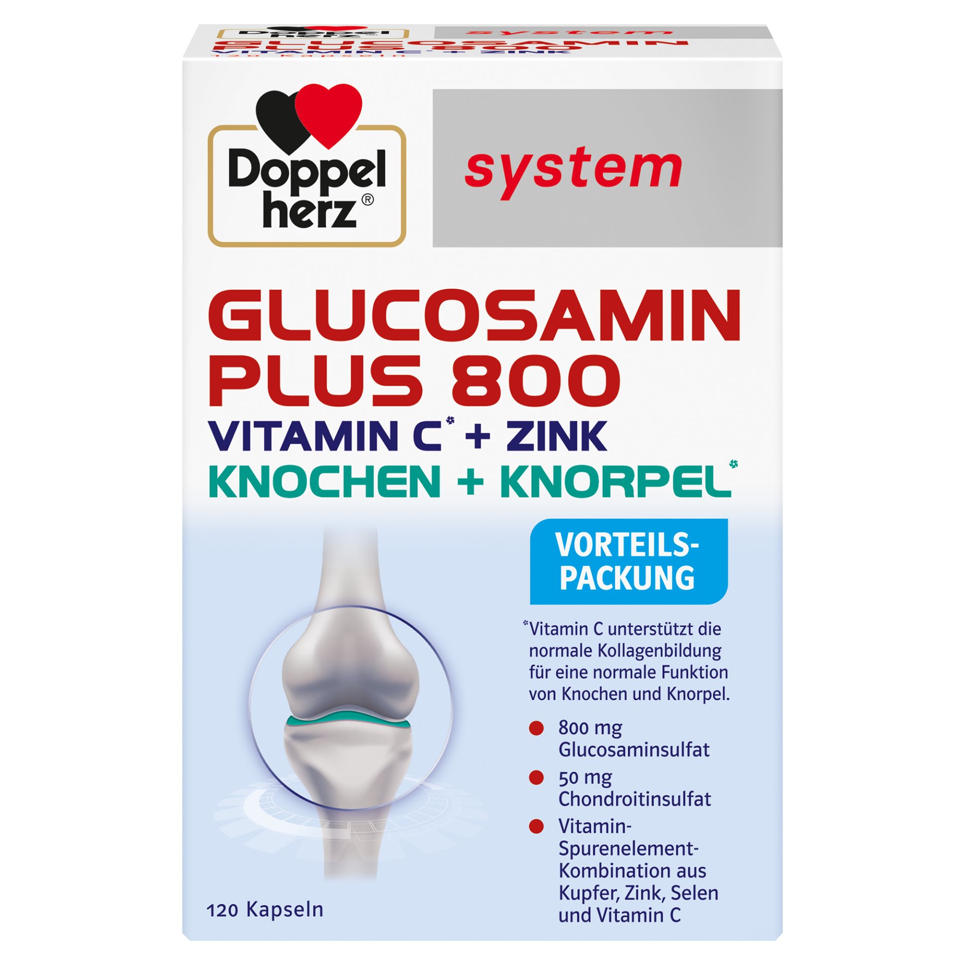 Packung für Glucosamin Plus 800 mit Vitamin C und Zink, 120 Kapseln, unterstützt die normale Funktion von Knochen und Knorpel.