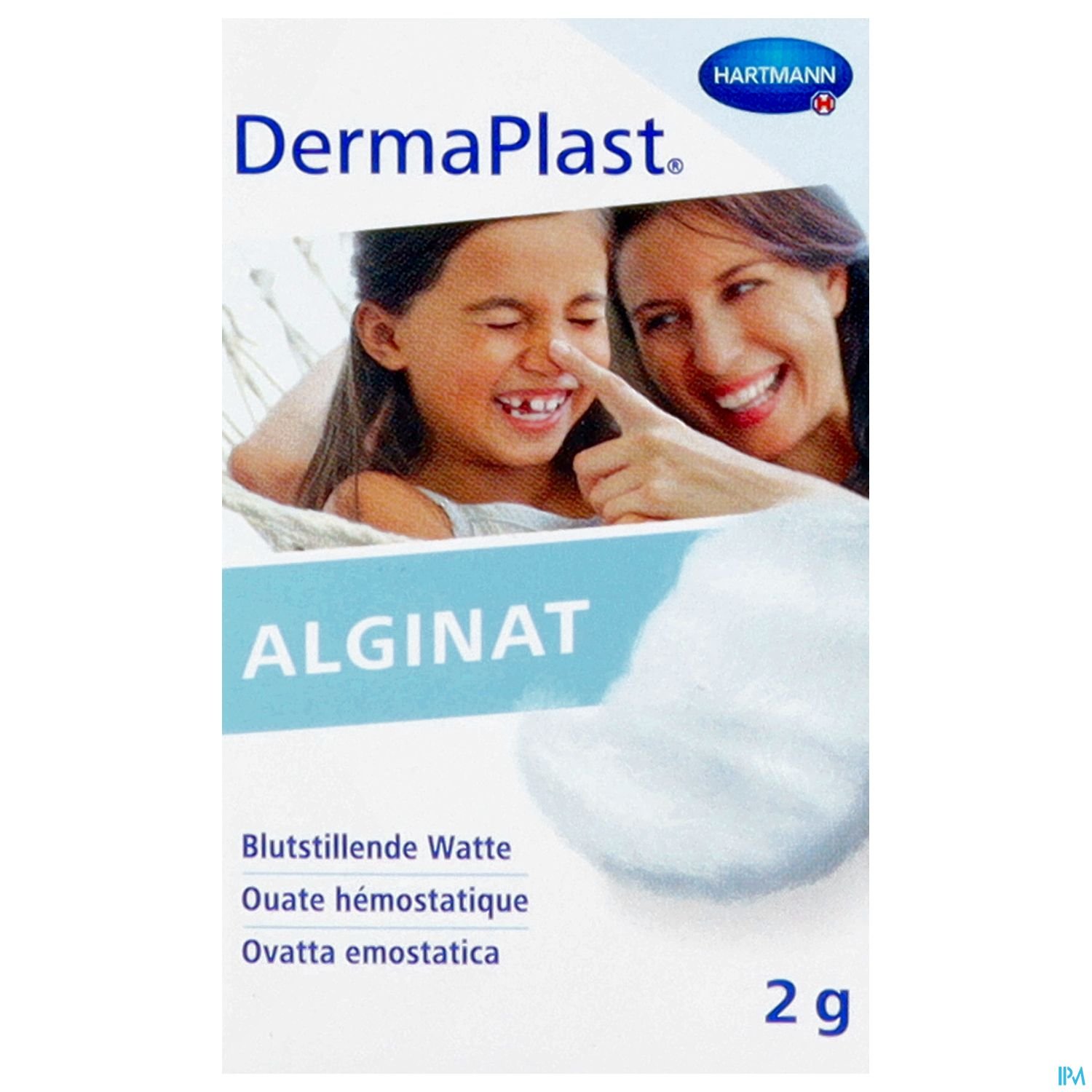 Produktpackung von DermaPlast Alginat mit Beschreibung "Blutstillende Watte".