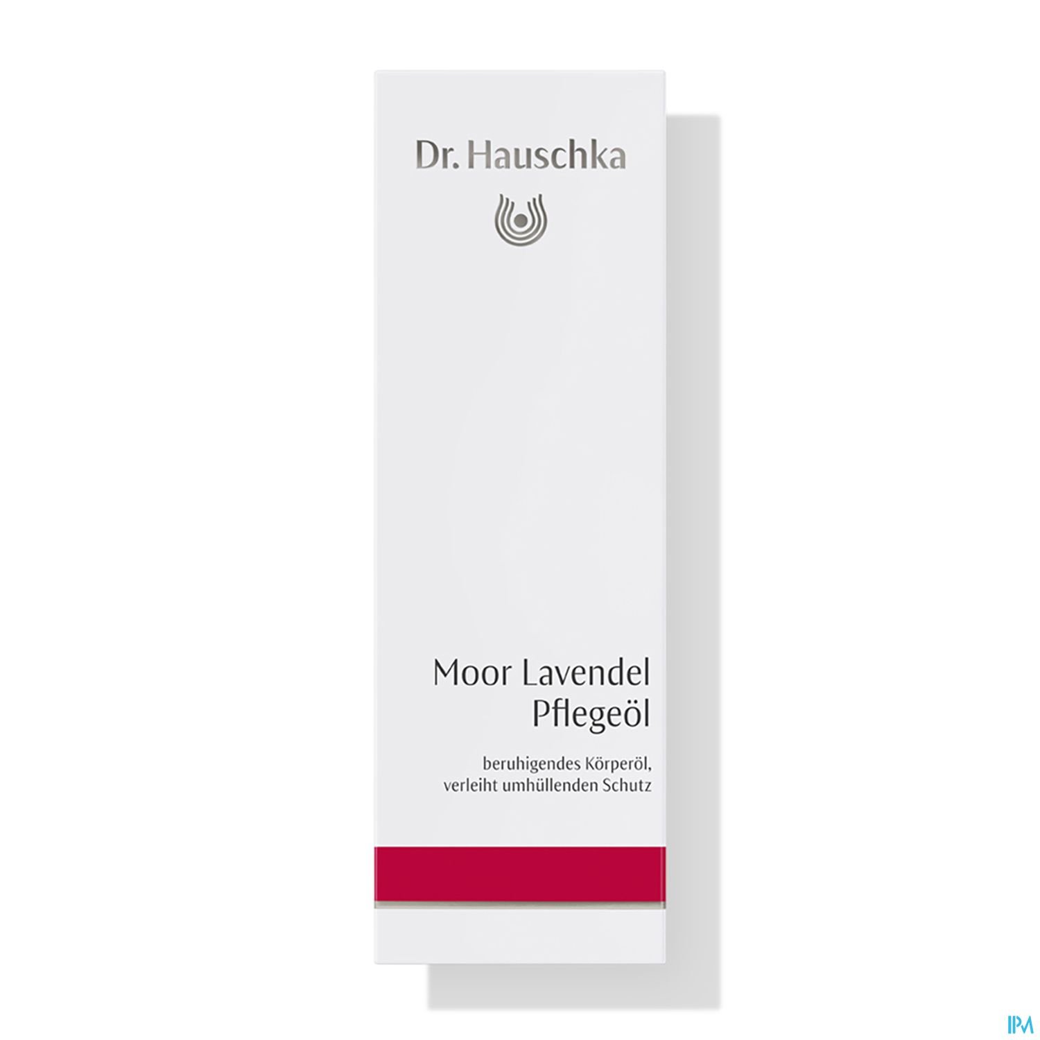 Weiße Verpackung von Dr. Hauschka mit der Aufschrift "Moor Lavendel Pflegeöl" und einem roten Streifen am unteren Rand.