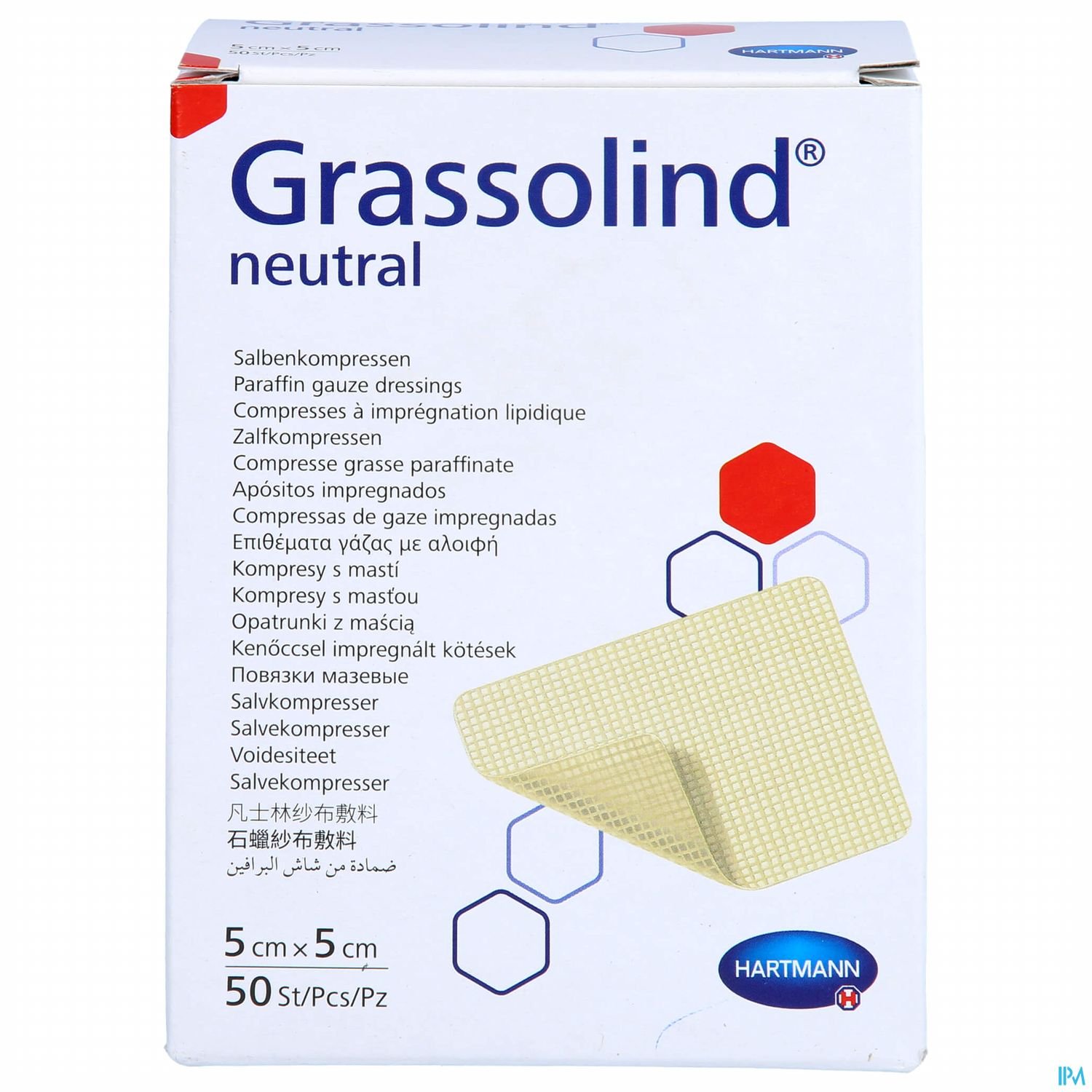 Packung mit Grassolind neutral Salbenkompressen, 5 cm x 5 cm, 50 Stück, vielseitige Anwendung.