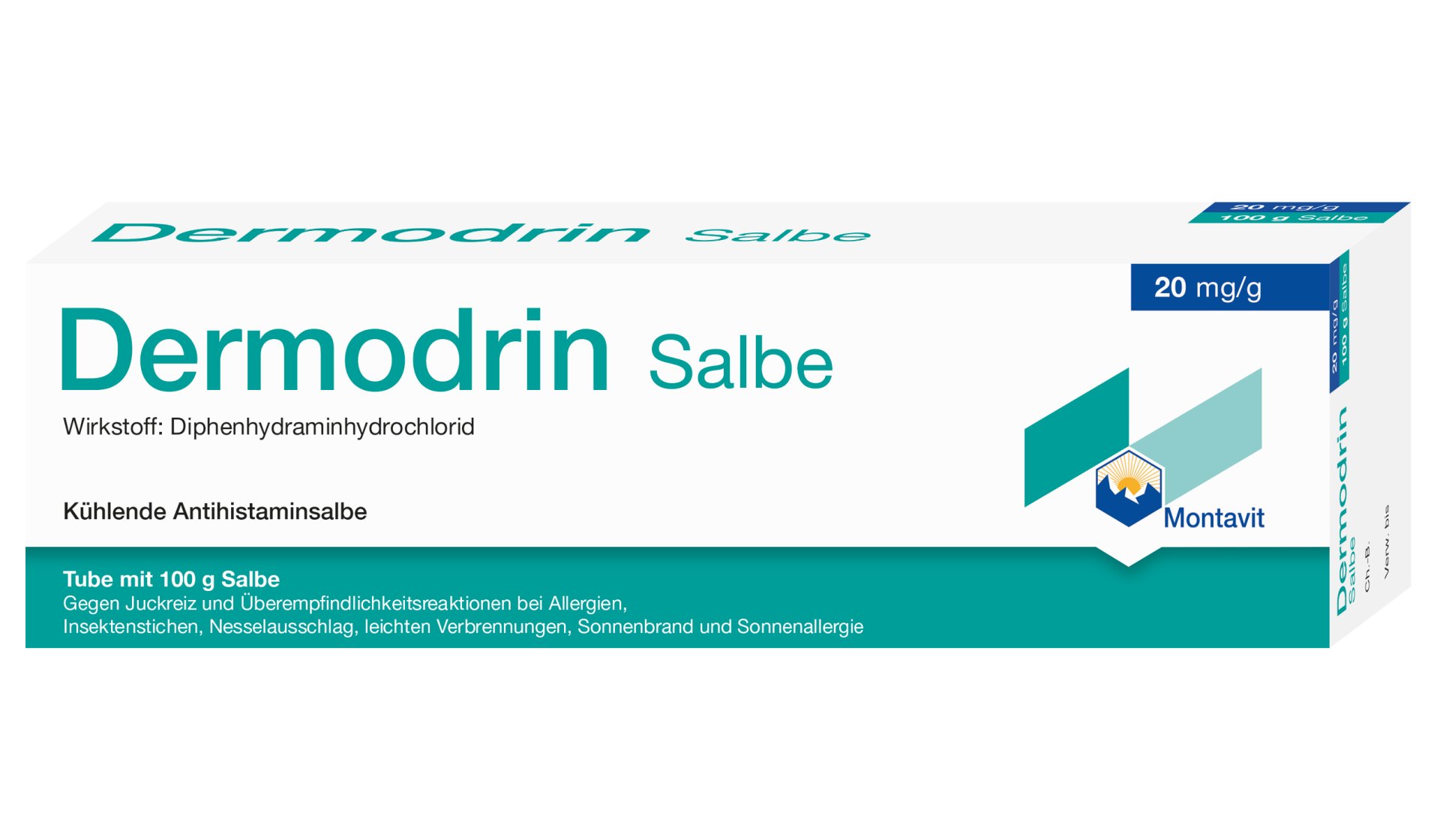 Tube mit Dermodrin Salbe, Wirkstoff Diphenhydraminhydrochlorid, kühlende Antihistamin-Salbe, 100 g.