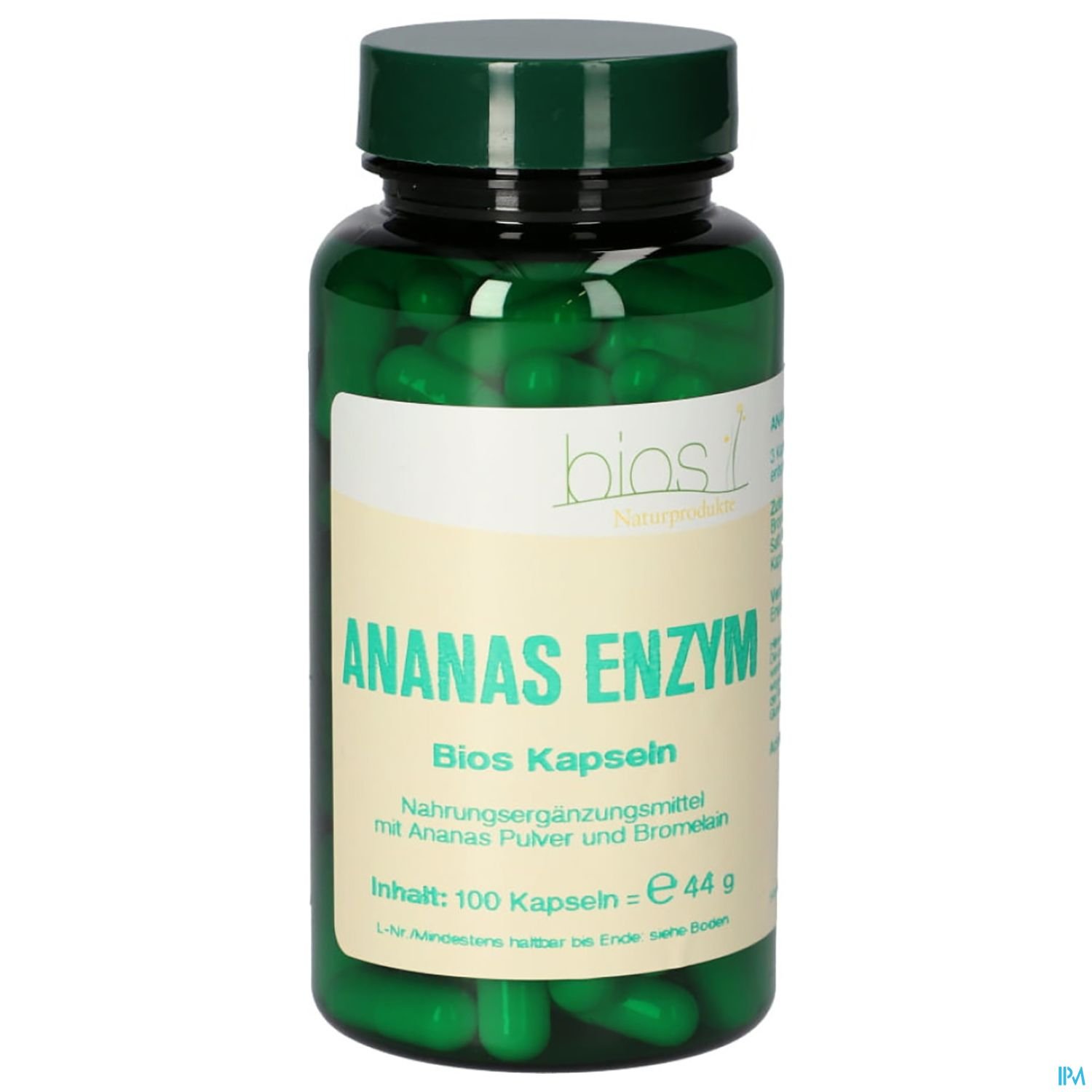 Grüne kapsel-gefüllte Flasche mit der Aufschrift "Ananas Enzym" und Informationen zu Nahrungsergänzungsmitteln.