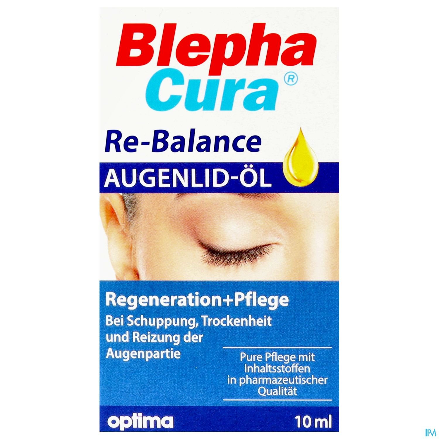 Produktverpackung mit dem Titel "Blepha Cura Re-Balance Augenlid-Öl" und Hinweisen zur Anwendung bei Schuppen, Trockenheit und Reizung der Augenpartie.