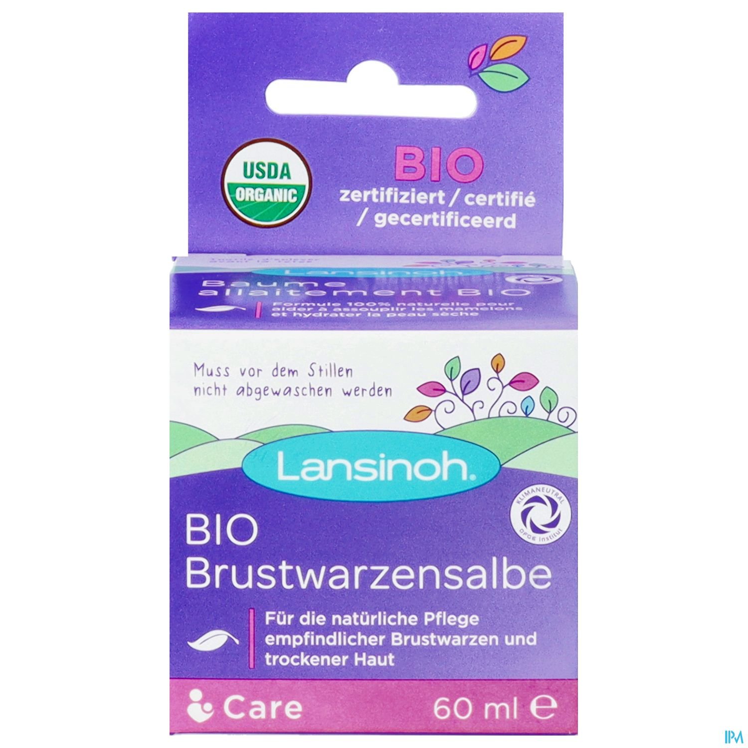 Verpackung einer BIO Brustwarzensalbe von Lansinoh, 60 ml, mit dem Hinweis auf biologische Zertifizierung.
