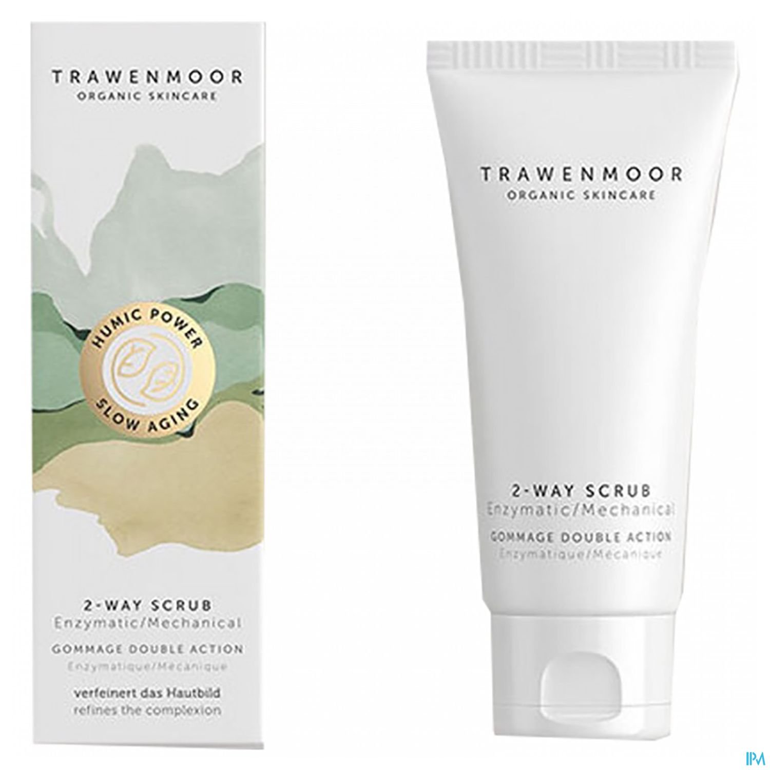 Produktabbildung: Trawenmoor 2-Way Scrub in einer weißen Tube neben der Verpackung mit sanften Farben und dem Schriftzug "Humic Power Slow Aging".