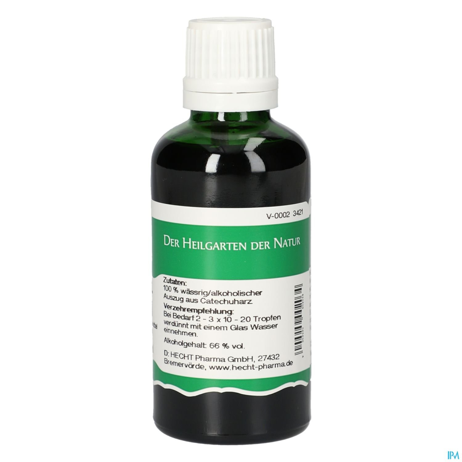 Flasche mit alkoholischem Auszug aus Calethuharz, Beschriftung mit Zutaten, Verzehrempfehlung und Herstellerinformationen.