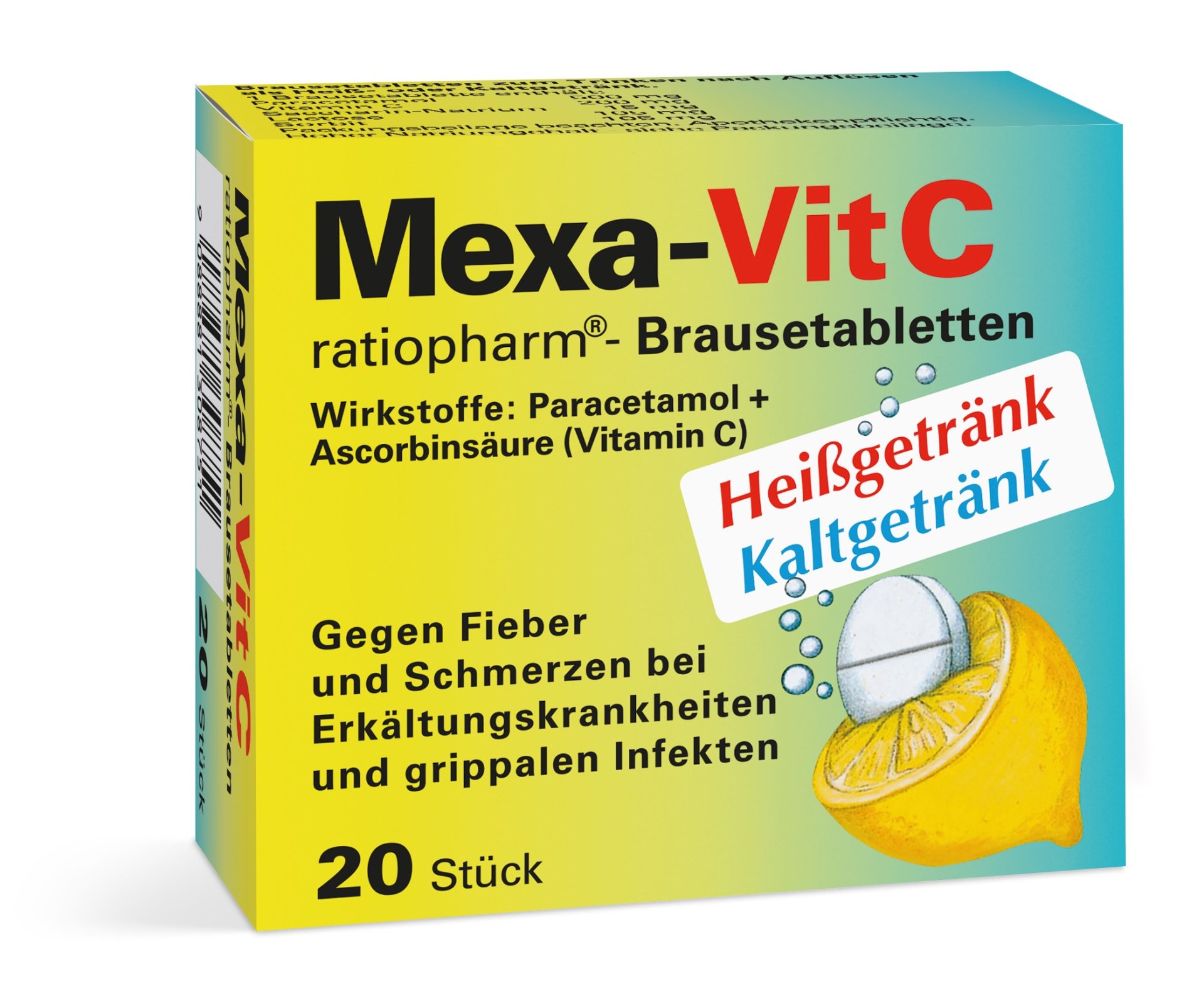 Packung Mexa-VitC Brausetabletten mit dem Hinweis auf heiße und kalte Zubereitung und der Angabe der Wirkstoffe Paracetamol und Ascorbinsäure.