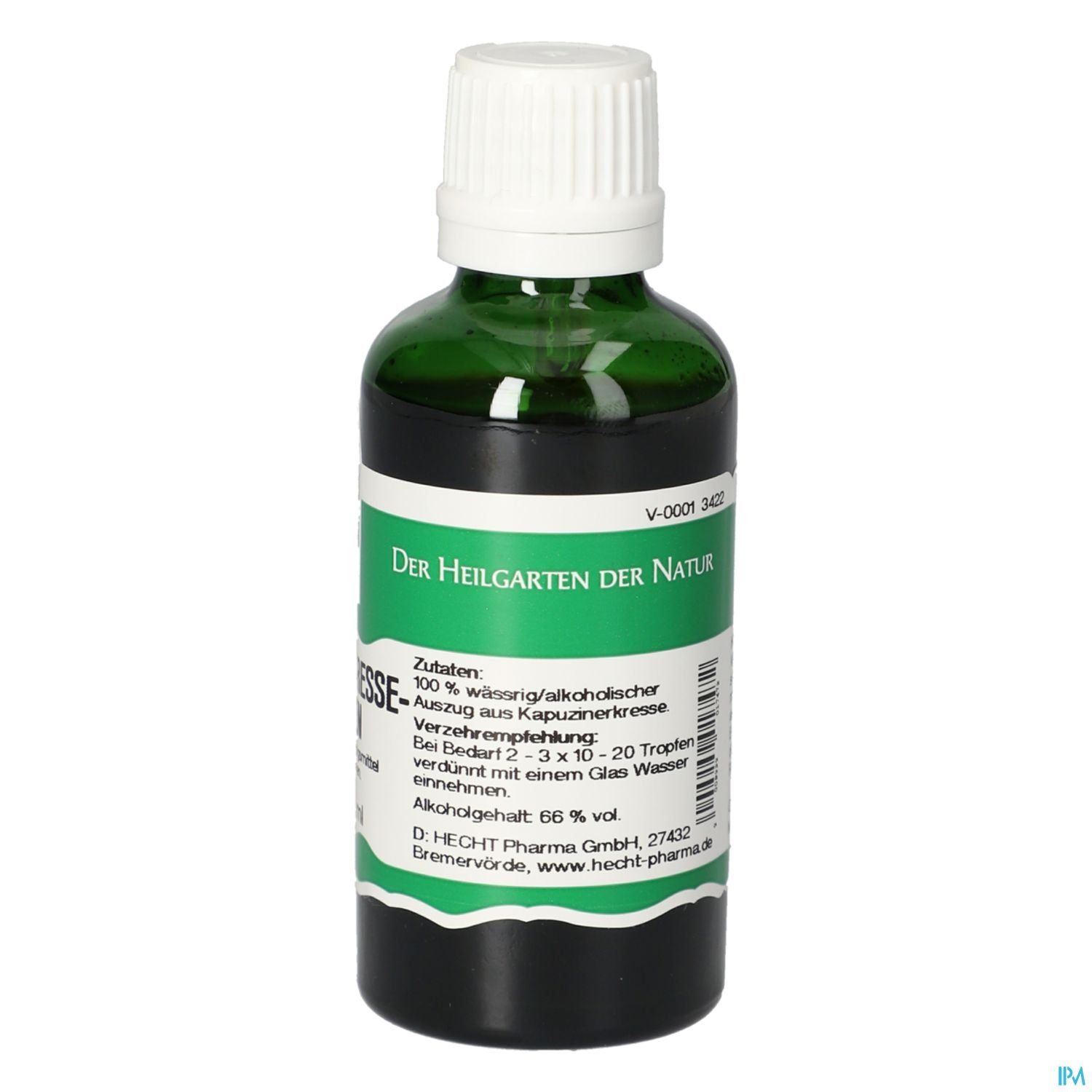 Grüne Flasche mit weißem Verschluss und Etikett, das den Text „Der Heilgarten der Natur“ sowie Zutaten und Anwendungshinweise enthält.