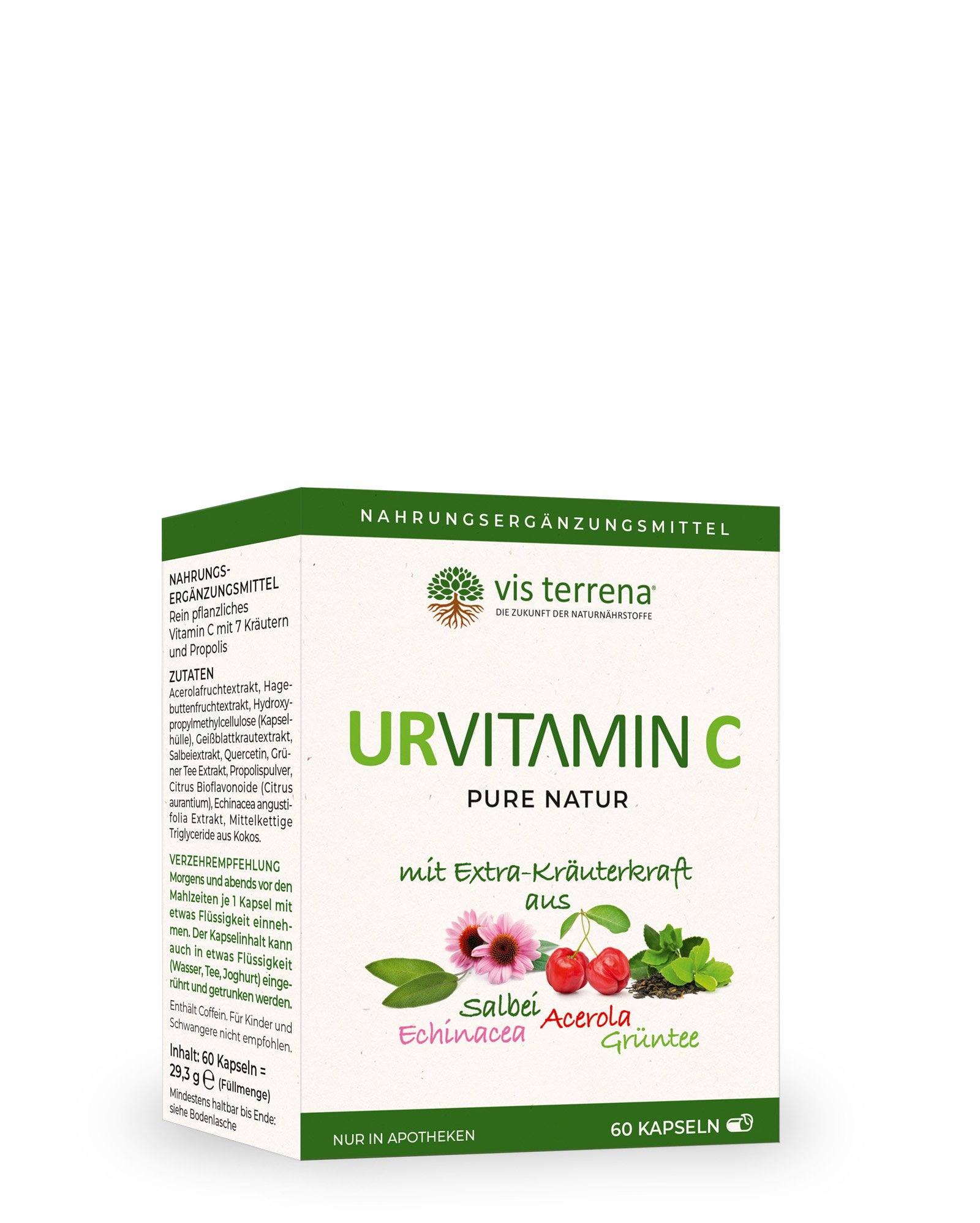 Packungsdesign von URVITAMIN C, einem Nahrungsergänzungsmittel mit Kräuterextrakten aus Salbei, Echinacea, Acerola und Grünertee.