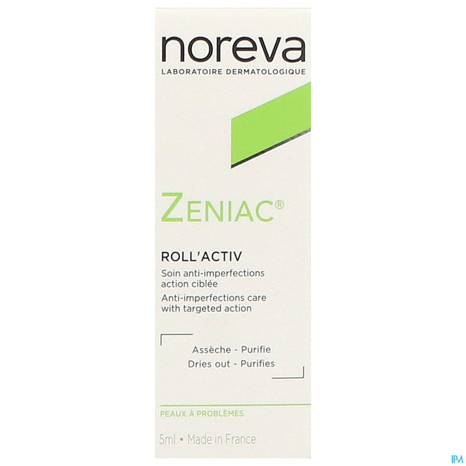 Verpackung des Hautpflegeprodukts Zeniac Roll’Activ von Noreva, 5 ml, mit Hinweis auf die Anwendung gegen Hautunreinheiten.
