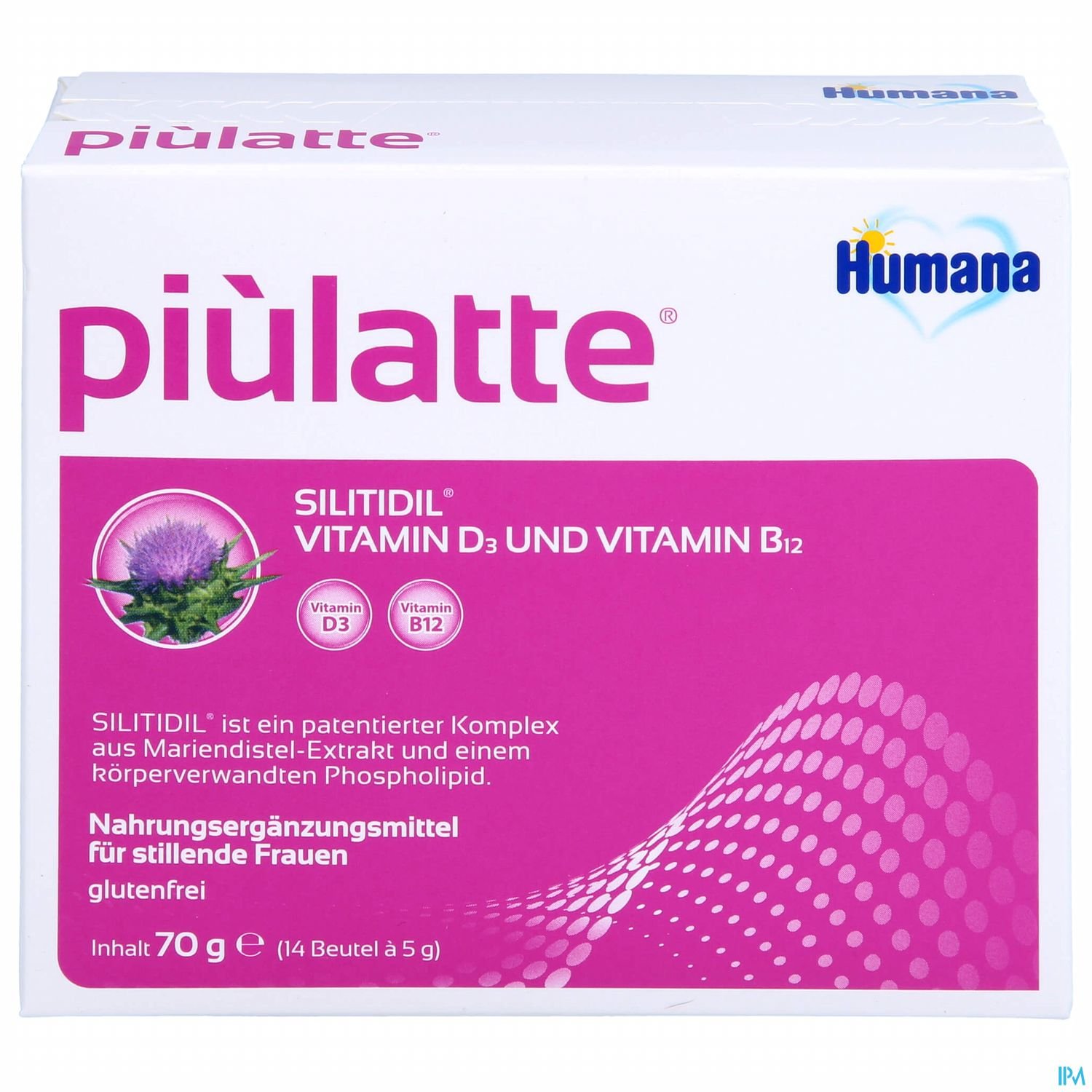 Packung von piulatte mit der Aufschrift "SILITIDIL Vitamin D3 und Vitamin B12", Nahrungsmittelergänzungsmittel für stillende Frauen, glutenfrei, Inhalt 70 g.