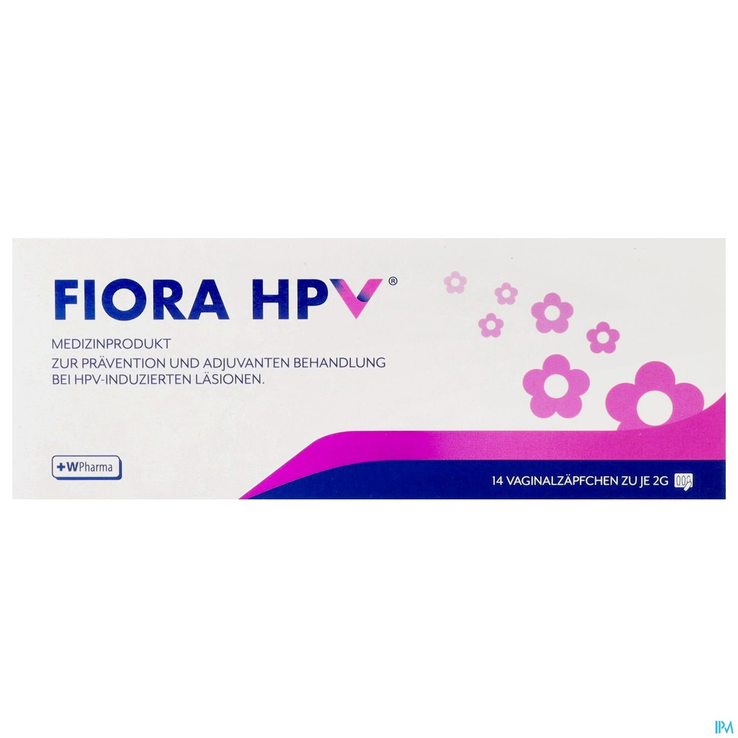 Packung des Medizinprodukts "Fiora HPV" zur Behandlung von HPV-induzierten Läsionen mit 14 vaginalen Zäpfchen.