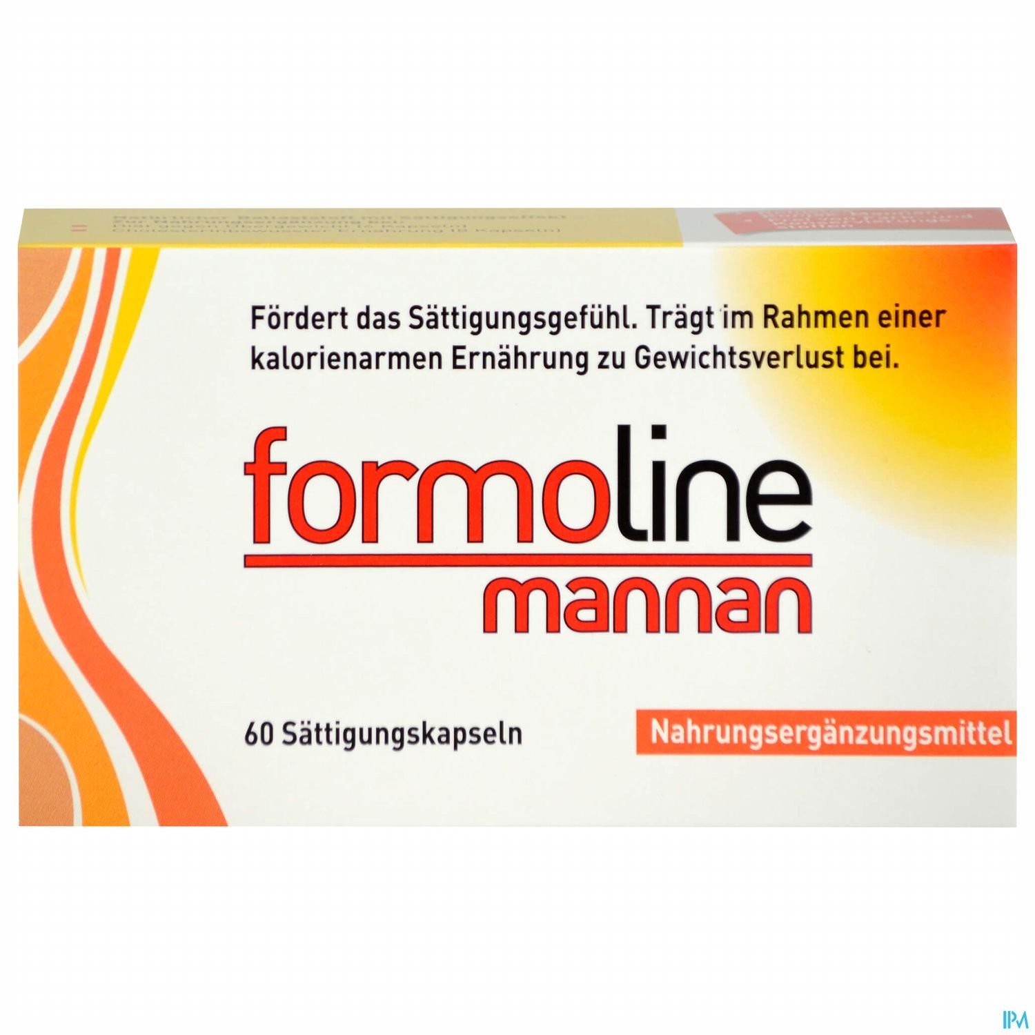 Verpackung des Nahrungsergänzungsmittels "formoline mannán" mit der Aufschrift "Fördert das Sättigungsgefühl. Trägt im Rahmen einer kalorienarmen Ernährung zu Gewichtsverlust bei." 60 Sättigungskapseln.