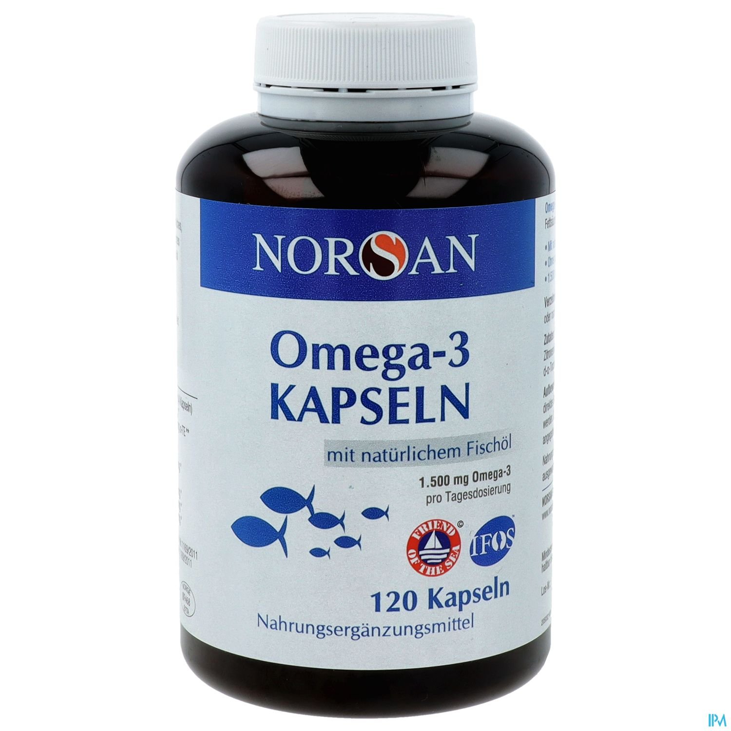 Norsan Omega-3 Kapseln in einer schwarzen Flasche mit blauem Etikett, 120 Kapseln, Hinweis auf 1.500 mg Omega-3 pro Tag.
