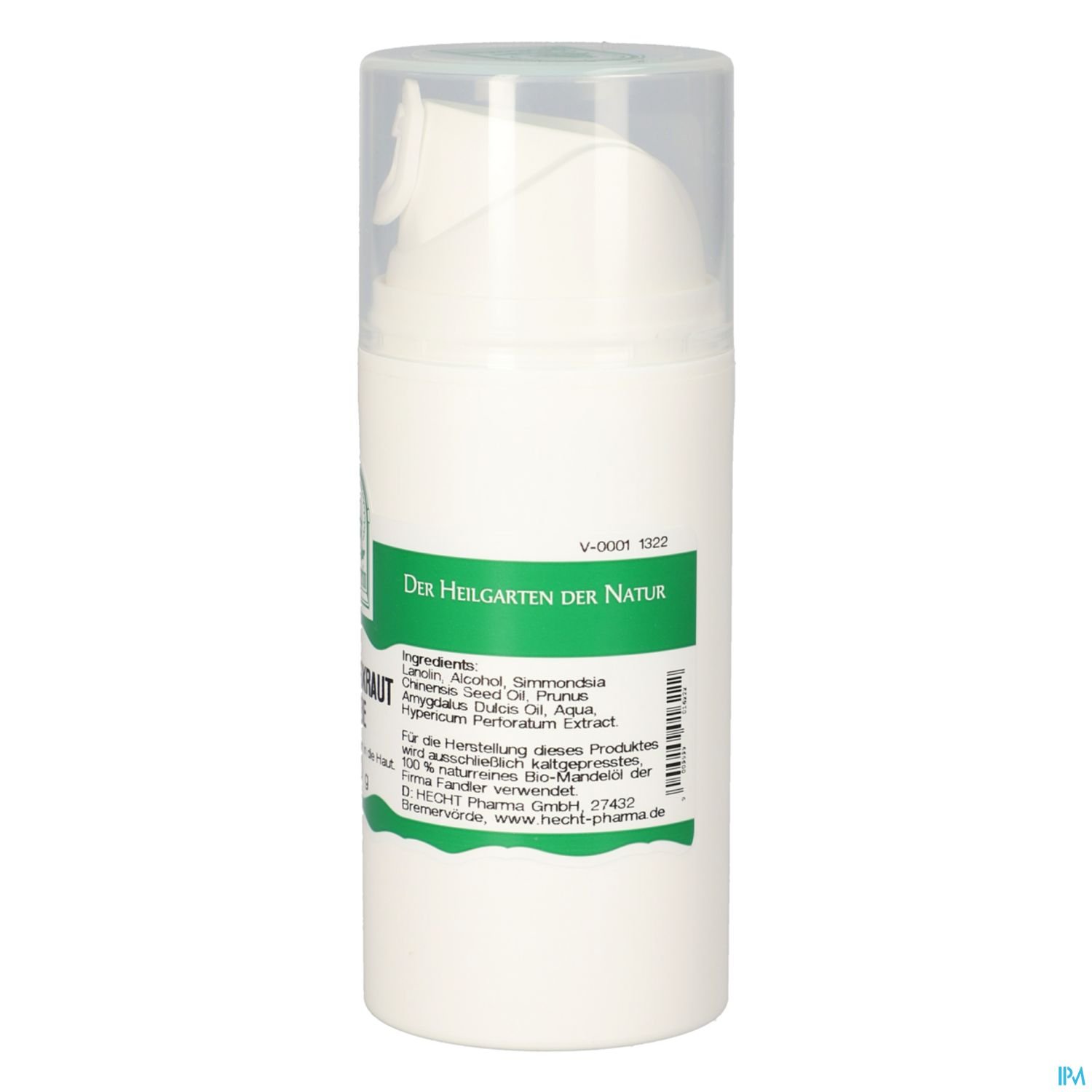 Flasche mit Pumpspender für ein Naturprodukt, beschriftet mit "Der Heilgarten der Natur" und Inhaltshinweisen.