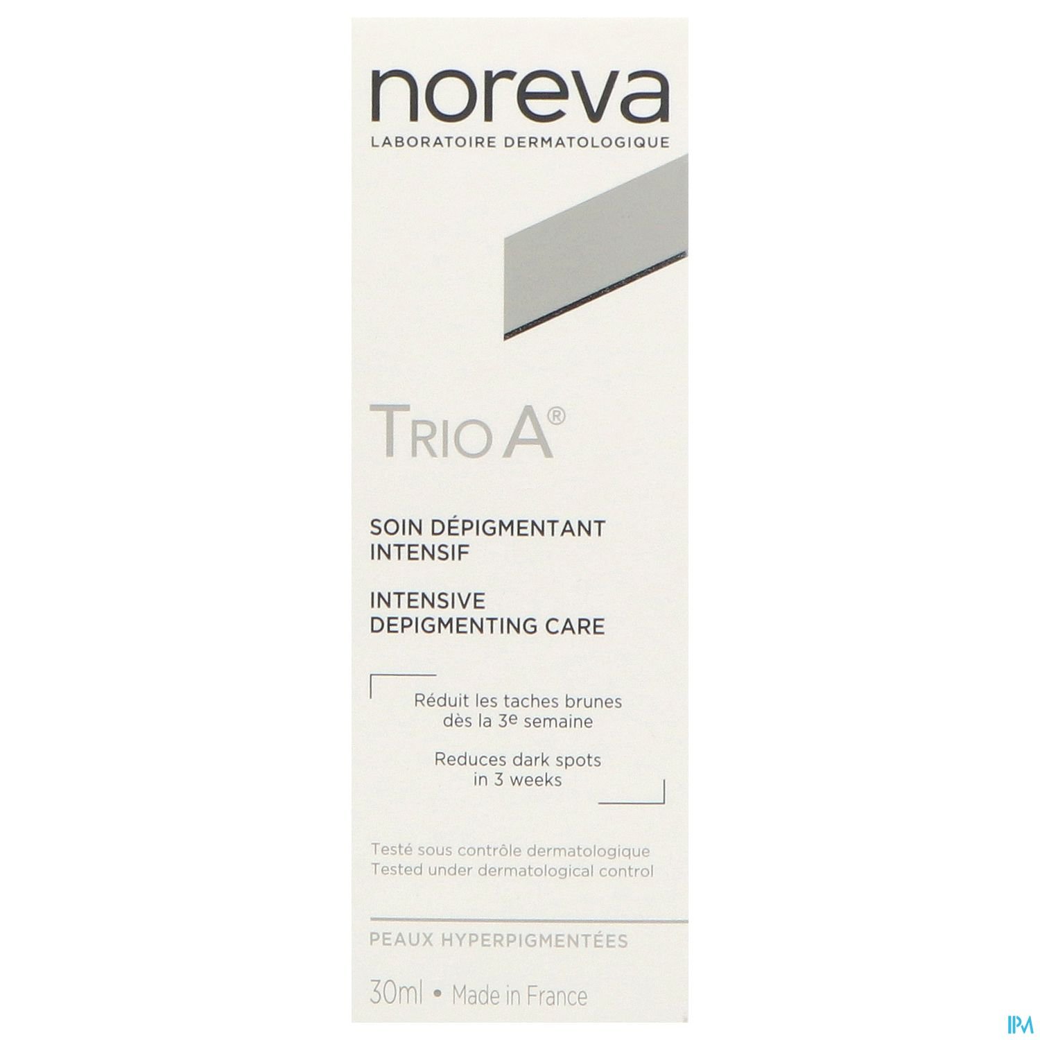 Verpackung des Produkts "Trio A" von Noreva, 30 ml, mit Informationen zur Anwendung gegen hyperpigmentierte Haut.