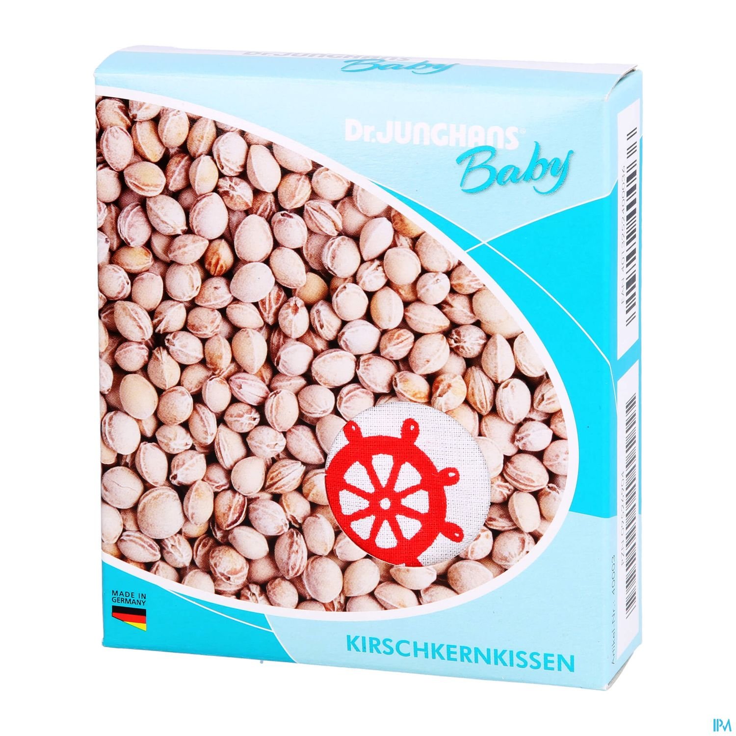Verpackung des Kirschkernkissens von Dr. Junghans Baby, mit einem Design in Blau und einer roten Steuerrad-Illustration auf weißem Hintergrund.