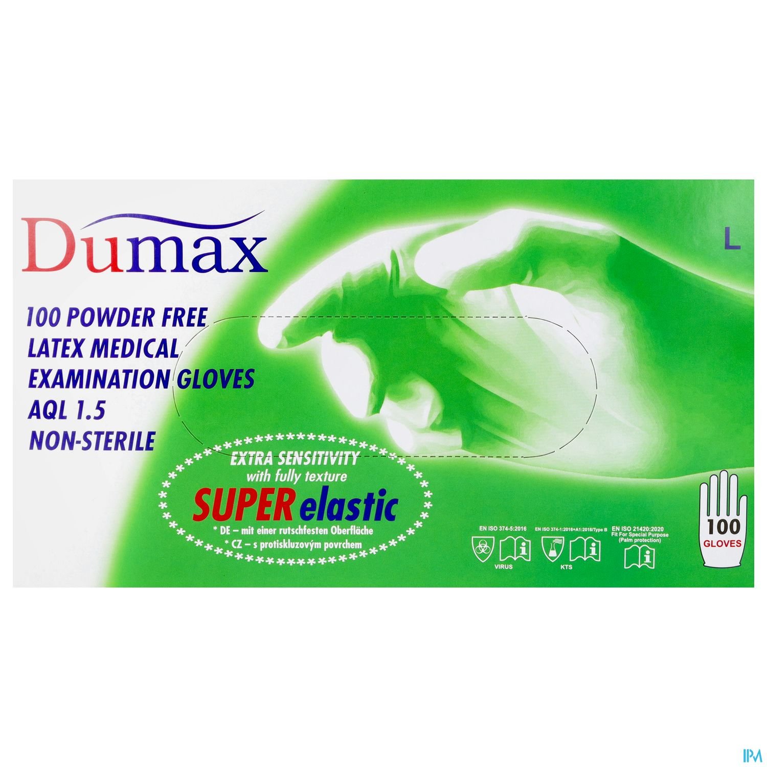 Verpackung von Dumax medizinischen Latexhandschuhen, 100 Stück, puderfrei, nicht steril, Größe L.