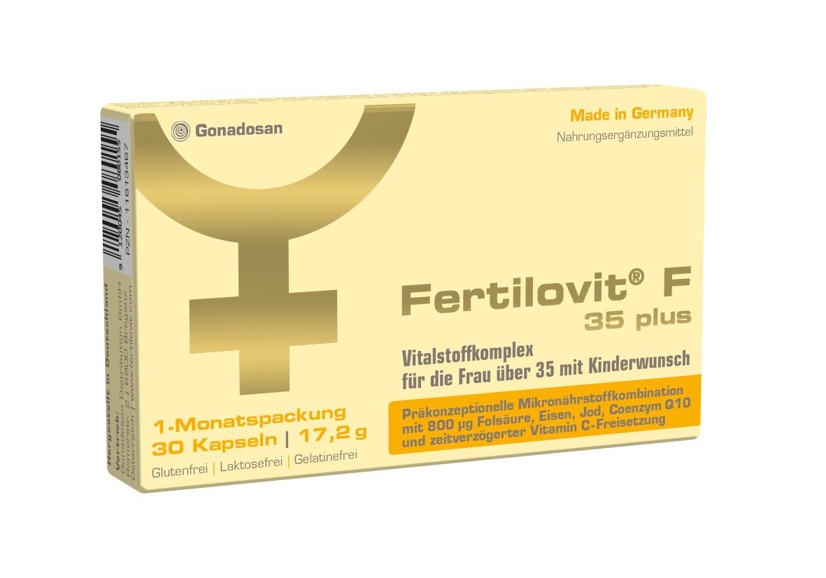 Packung mit Fertilovit F 35 plus, Nahrungsergänzungsmittel für Frauen über 35 mit Kinderwunsch, 30 Kapseln.