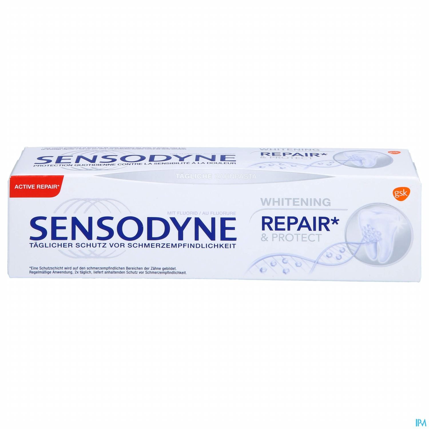 Verpackung von Sensodyne Zahnpasta mit der Aufschrift "Repair & Protect" und "Whitening".