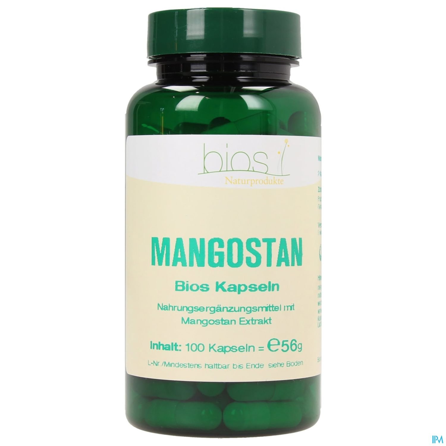 Grüne Kapseln in einer transparenten Flasche mit Aufschrift "Bios Mangostan" und "Nahrungsergänzungsmittel mit Mangostan Extrakt".