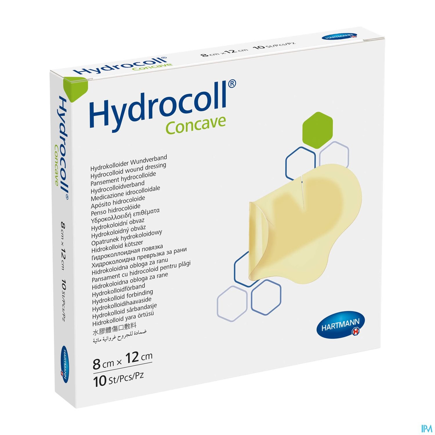 Verpackung eines hydrokolloidalen Wundverbands mit der Aufschrift "Hydrocoll Concave", Abmessungen 8 cm x 12 cm, 10 Stück.