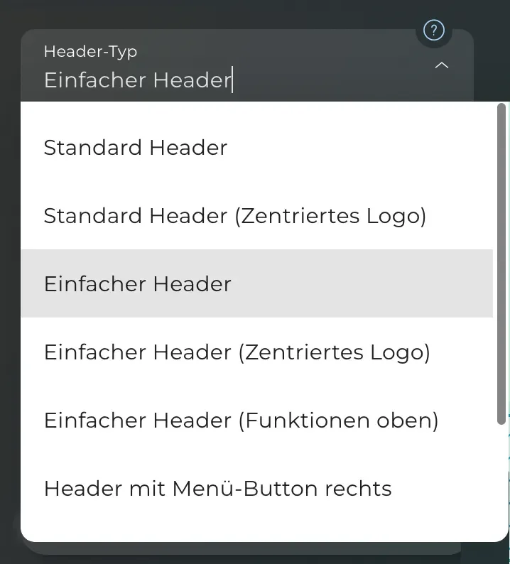 Dropdown-Menü zur Auswahl von Header-Typen in deutscher Sprache, einschließlich einfacher und standard Header-Optionen.