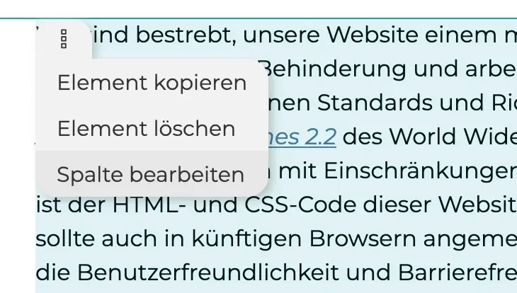Screenshot einer Webseite mit einem Kontextmenü, das Optionen zum Kopieren, Löschen und Bearbeiten von Elementen anzeigt. Der Text auf der Seite beschreibt die Bemühungen um Barrierefreiheit und die Einhaltung von Webstandards.