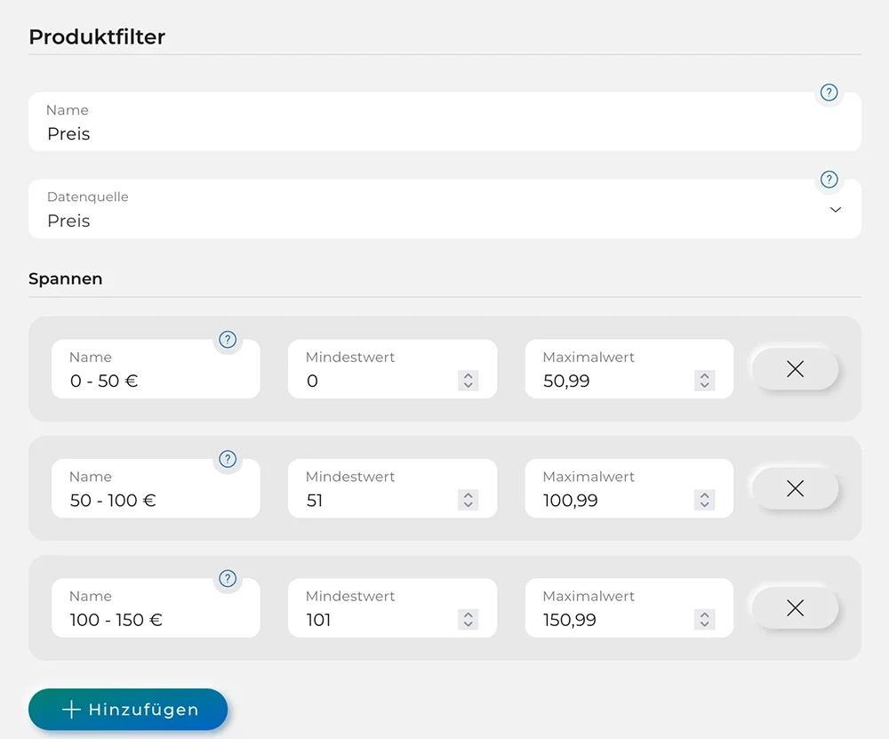 Filter Preis-Einstellungen